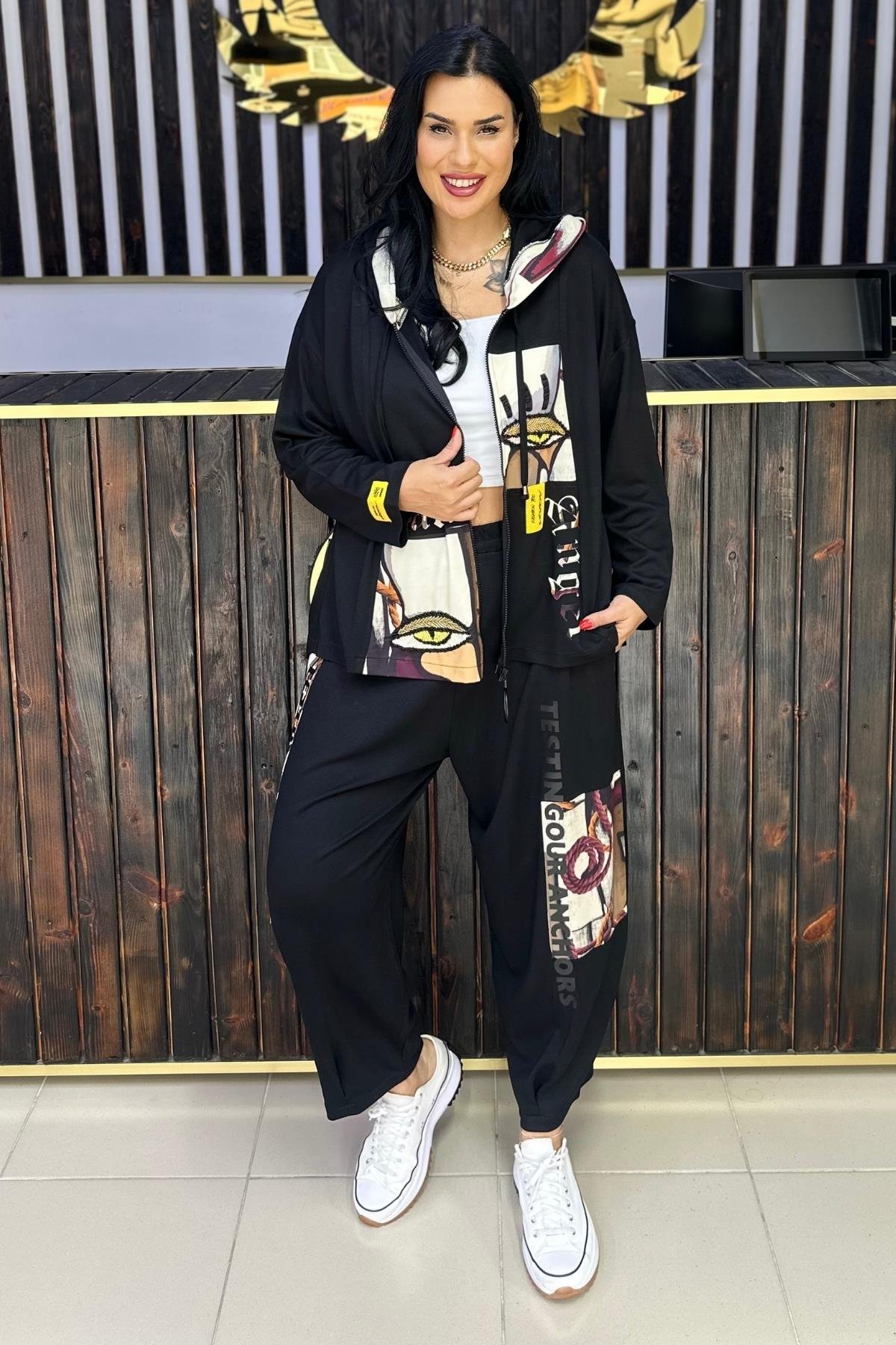 GÖZ DETAYLI BÜYÜK BEDEN TAKIM SİYAH