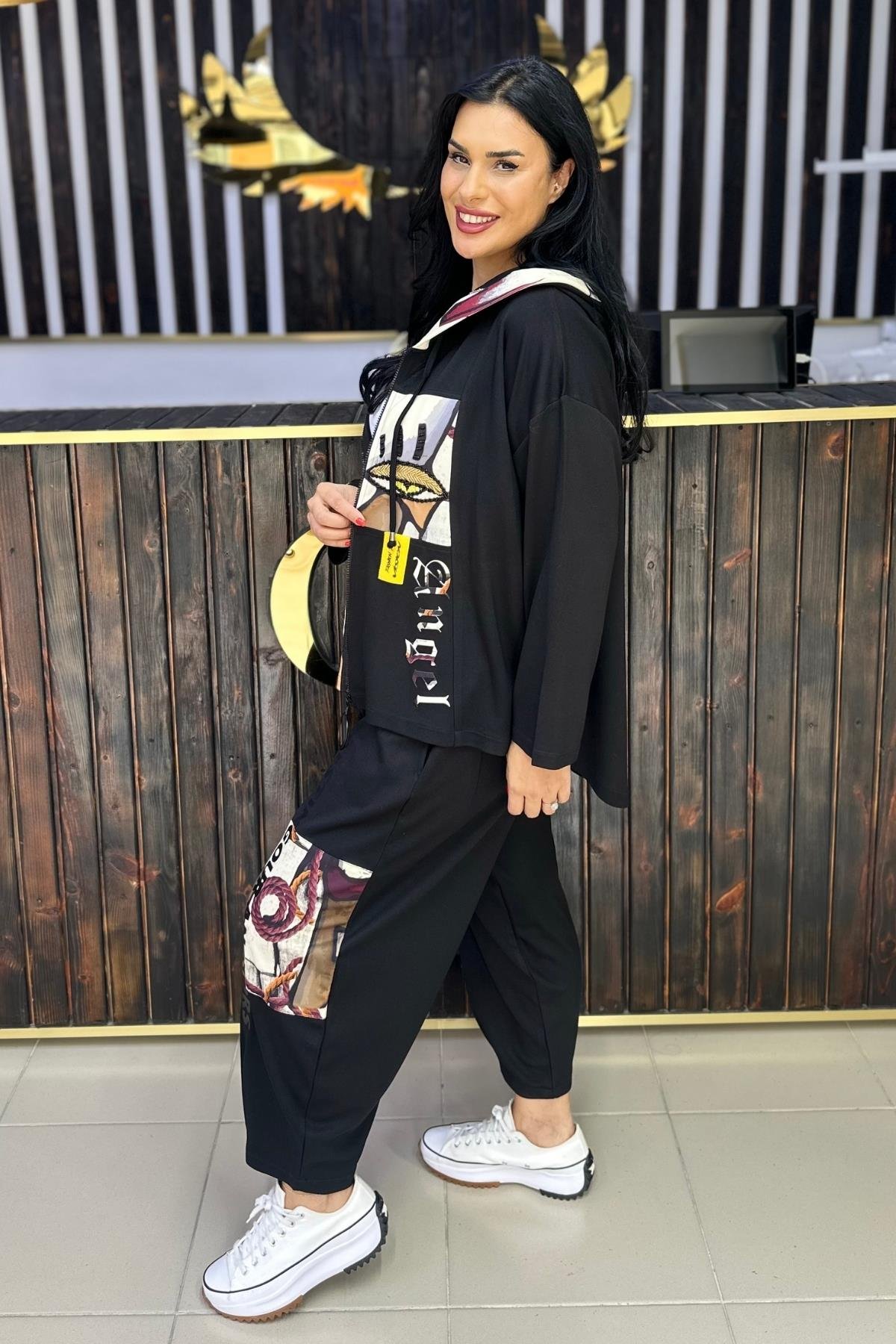 GÖZ DETAYLI BÜYÜK BEDEN TAKIM SİYAH