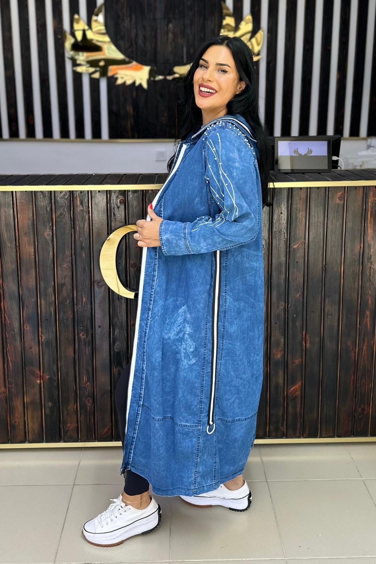 İNCİLİ İNCE JEAN TRENCH  BÜYÜK BEDEN