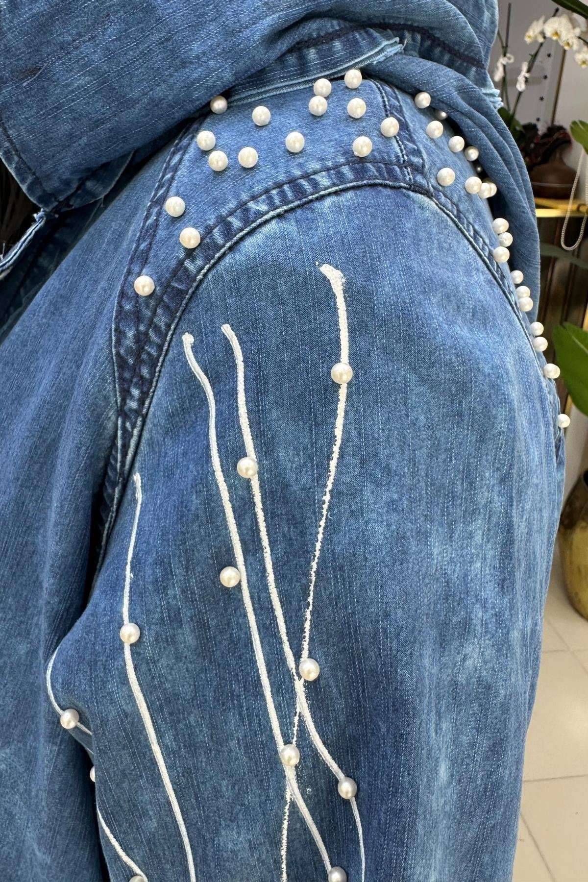 İNCİLİ İNCE JEAN TRENCH  BÜYÜK BEDEN