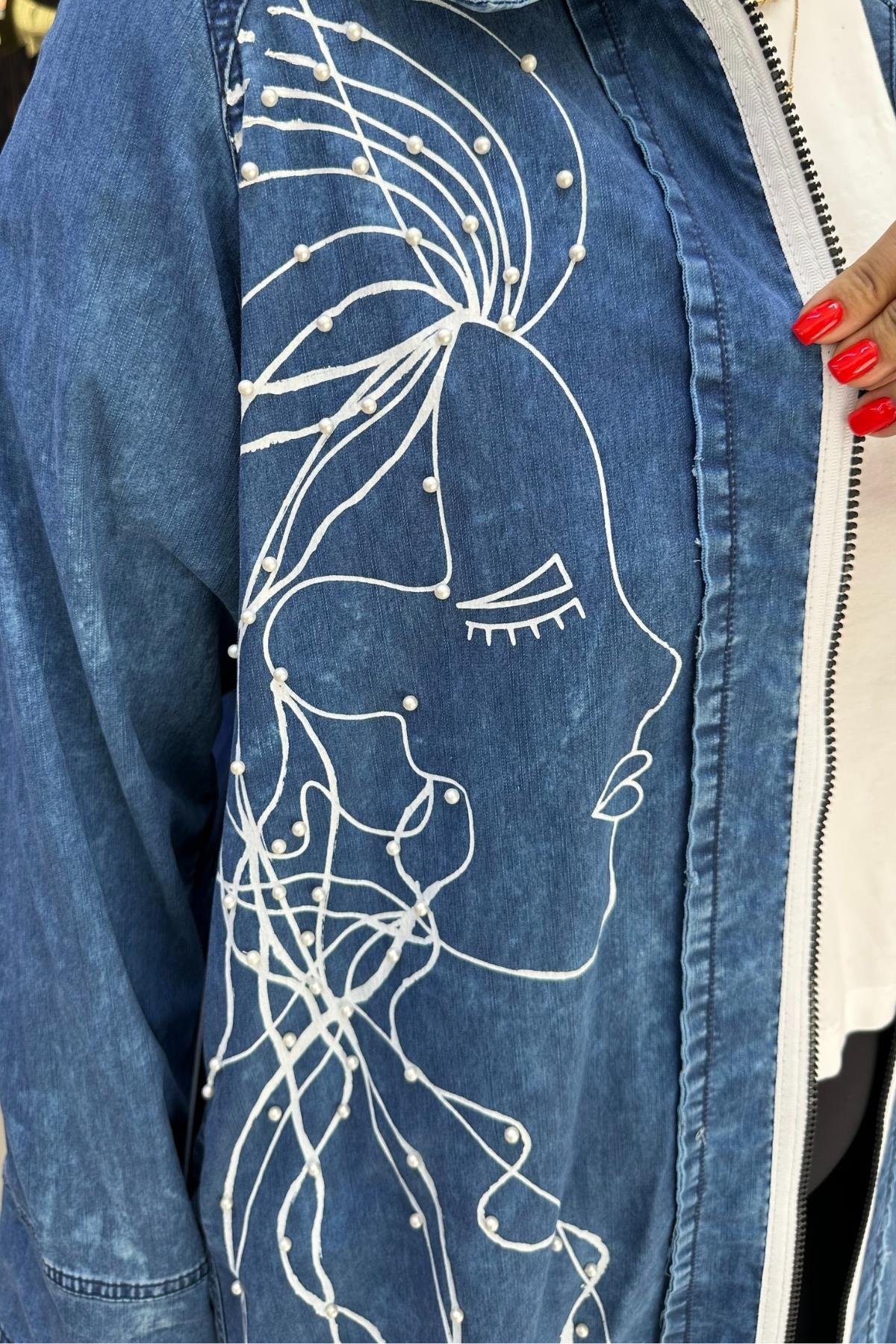 İNCİLİ İNCE JEAN TRENCH  BÜYÜK BEDEN