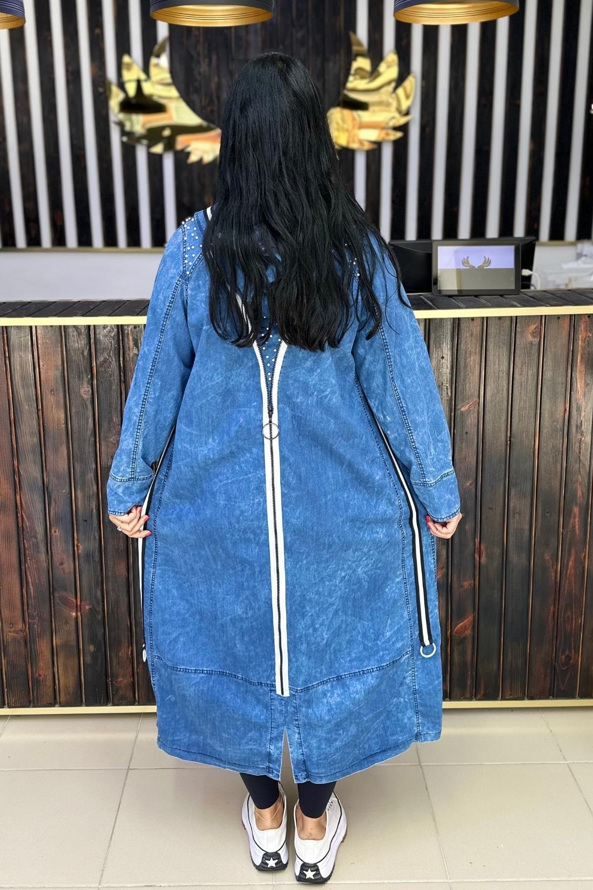 İNCİLİ İNCE JEAN TRENCH  BÜYÜK BEDEN