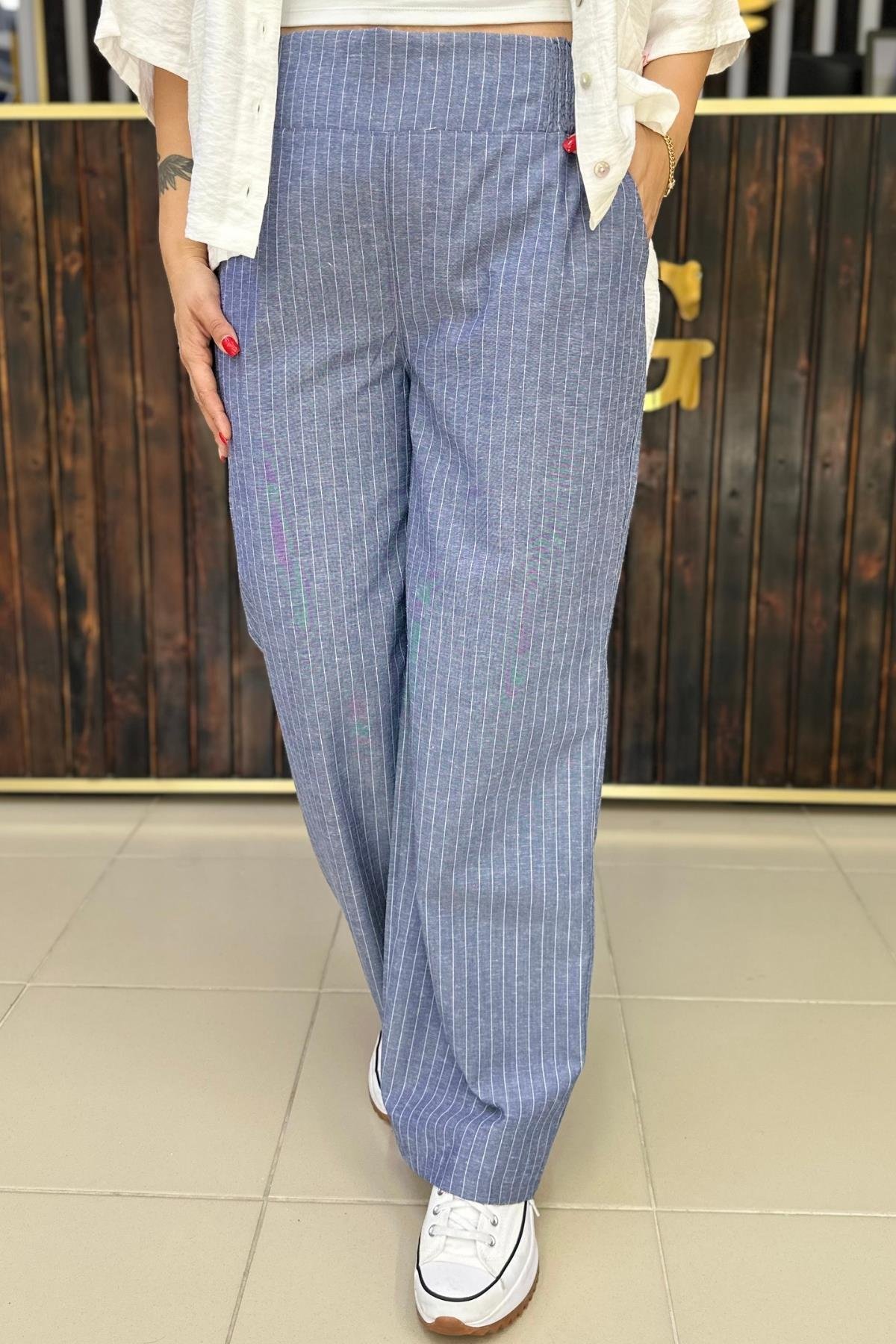 İNDİGO BELİ LASTİK ÇİZGİLİ PANTOLON BÜYÜK BEDEN