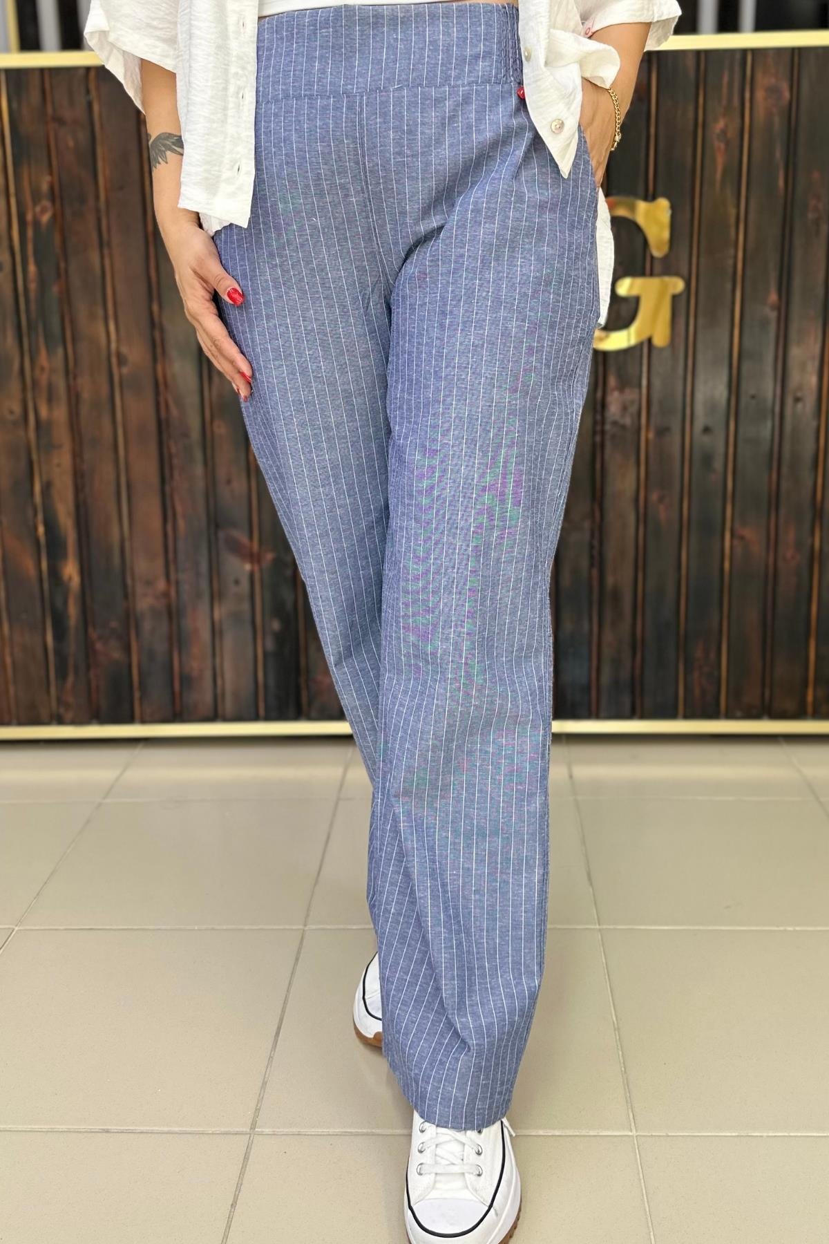 İNDİGO BELİ LASTİK ÇİZGİLİ PANTOLON BÜYÜK BEDEN