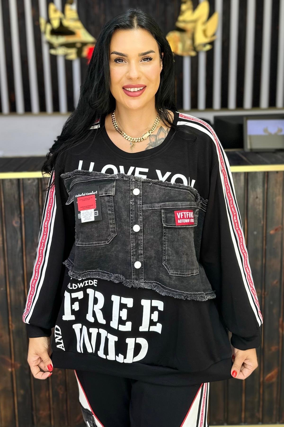 JEAN DETAYLI KIRMIZI ŞERİTLİ BLUZ BÜYÜK BEDEN