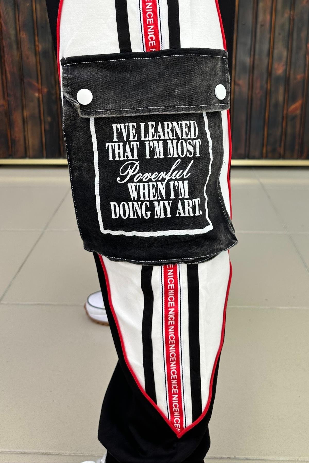 JEAN  DETAYLI KIRMIZI ŞERİTLİ PAMUKLU PANTOLON BÜYÜK BEDEN