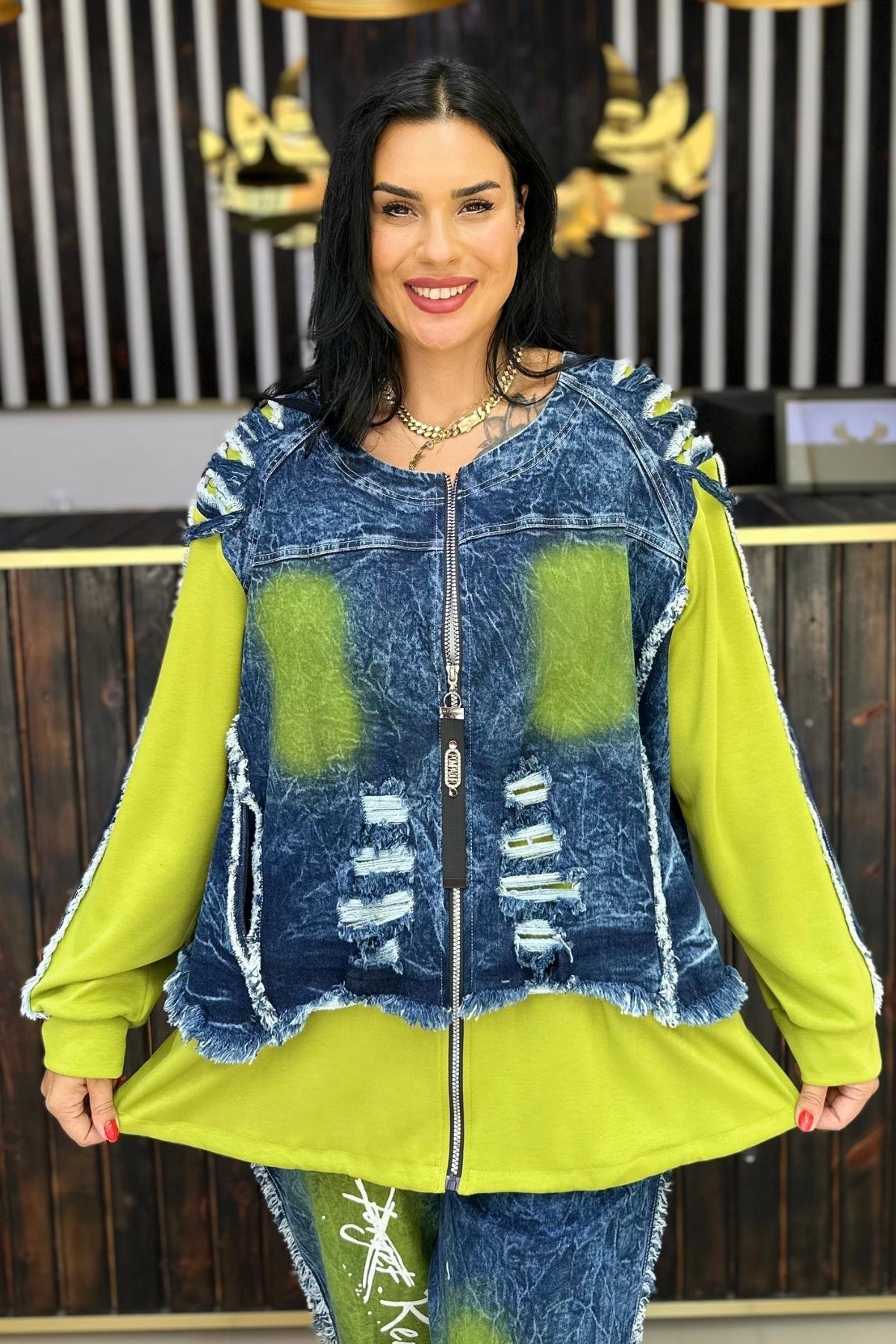 KAPŞONLU YIRTIK JEAN CEKET YEŞİL BÜYÜK BEDEN