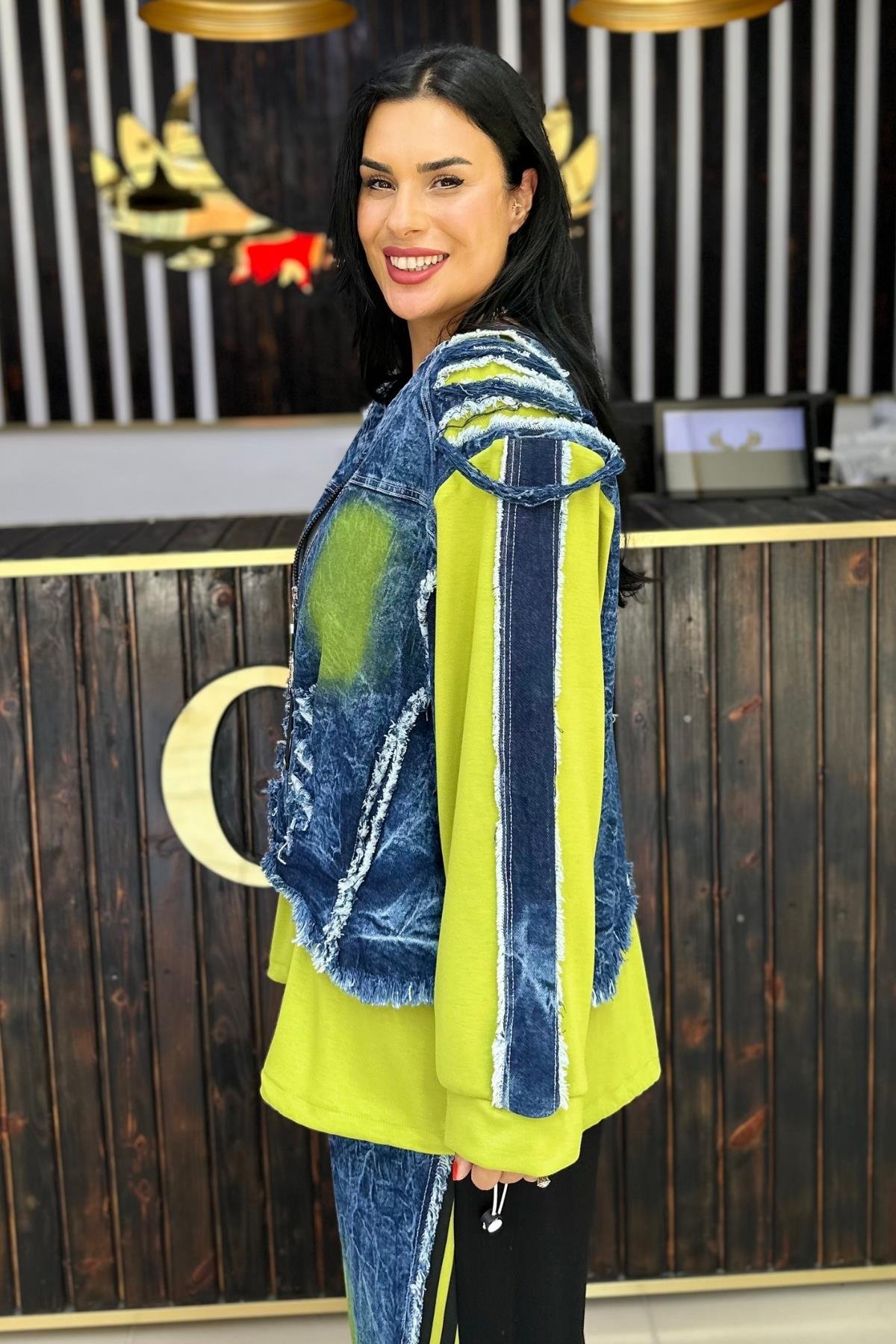 KAPŞONLU YIRTIK JEAN CEKET YEŞİL BÜYÜK BEDEN