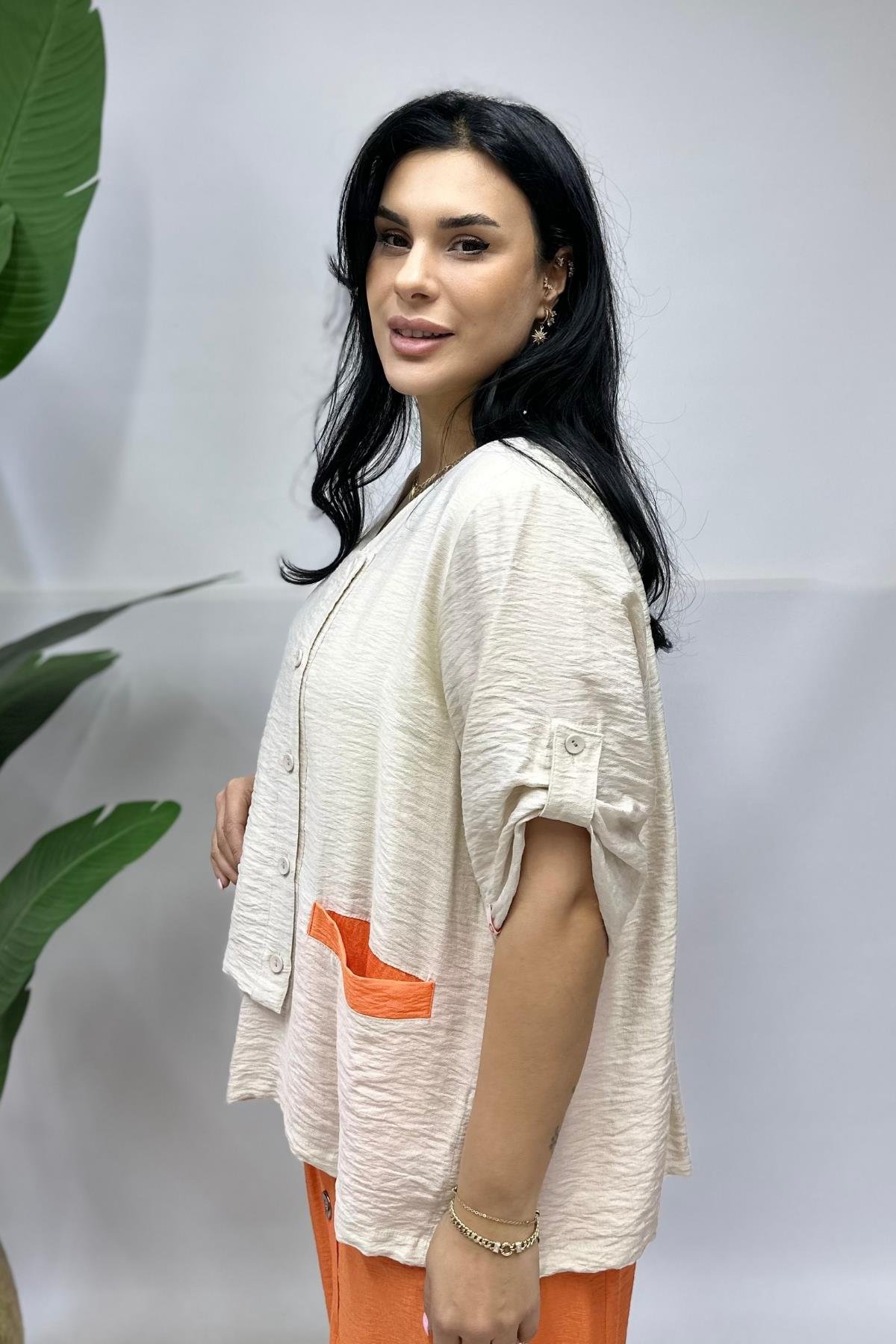 keten turuncu bloklu bluz