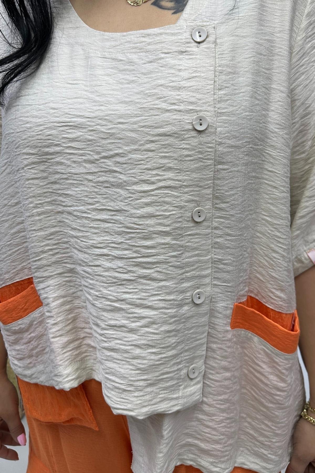 keten turuncu bloklu bluz