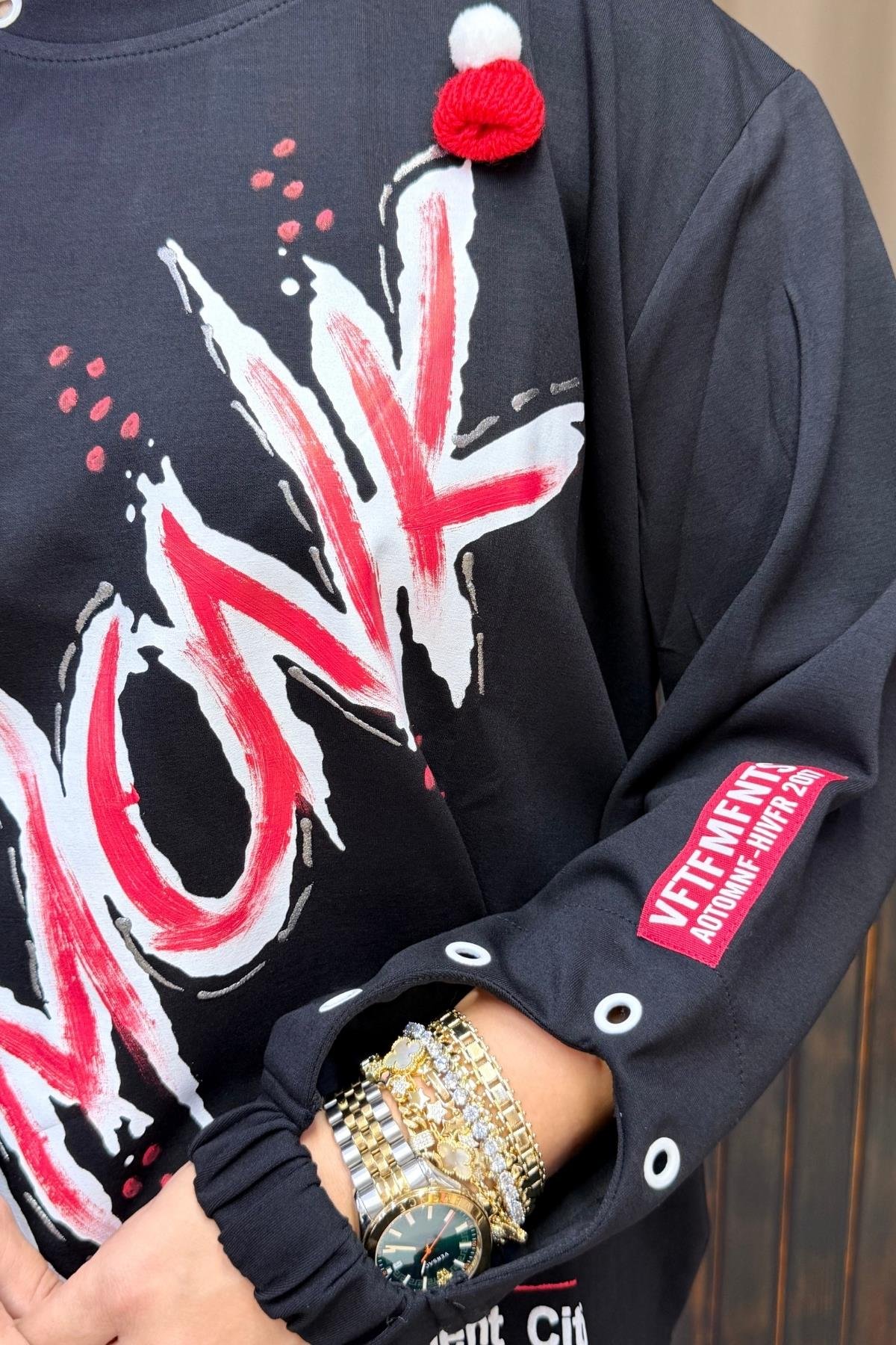 KOL DETAYLI SIMONK BLUZ BÜYÜK BEDEN SİYAH