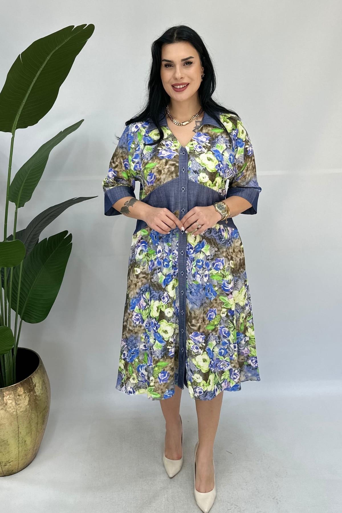 KOT DETAYLI DESENLİ ELBİSE BÜYÜK BEDEN