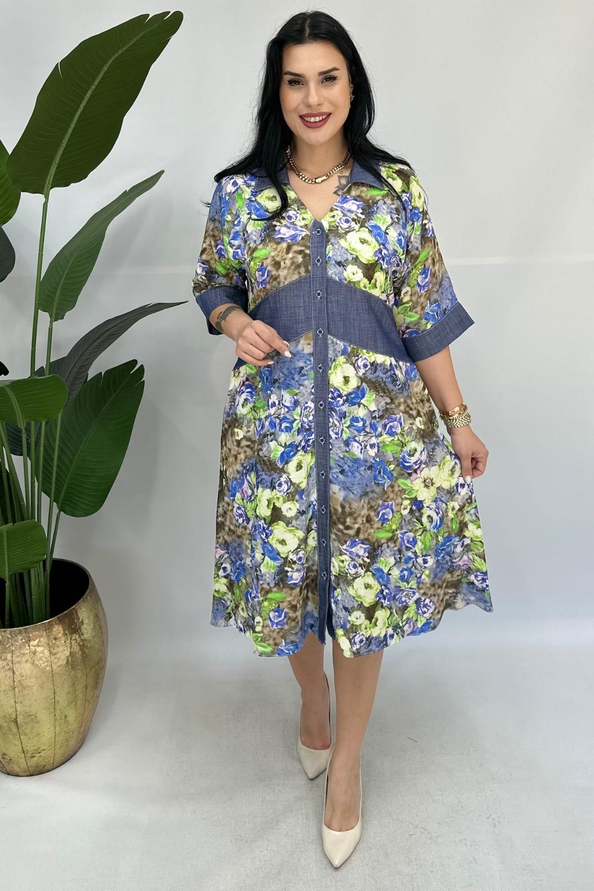 KOT DETAYLI DESENLİ ELBİSE BÜYÜK BEDEN