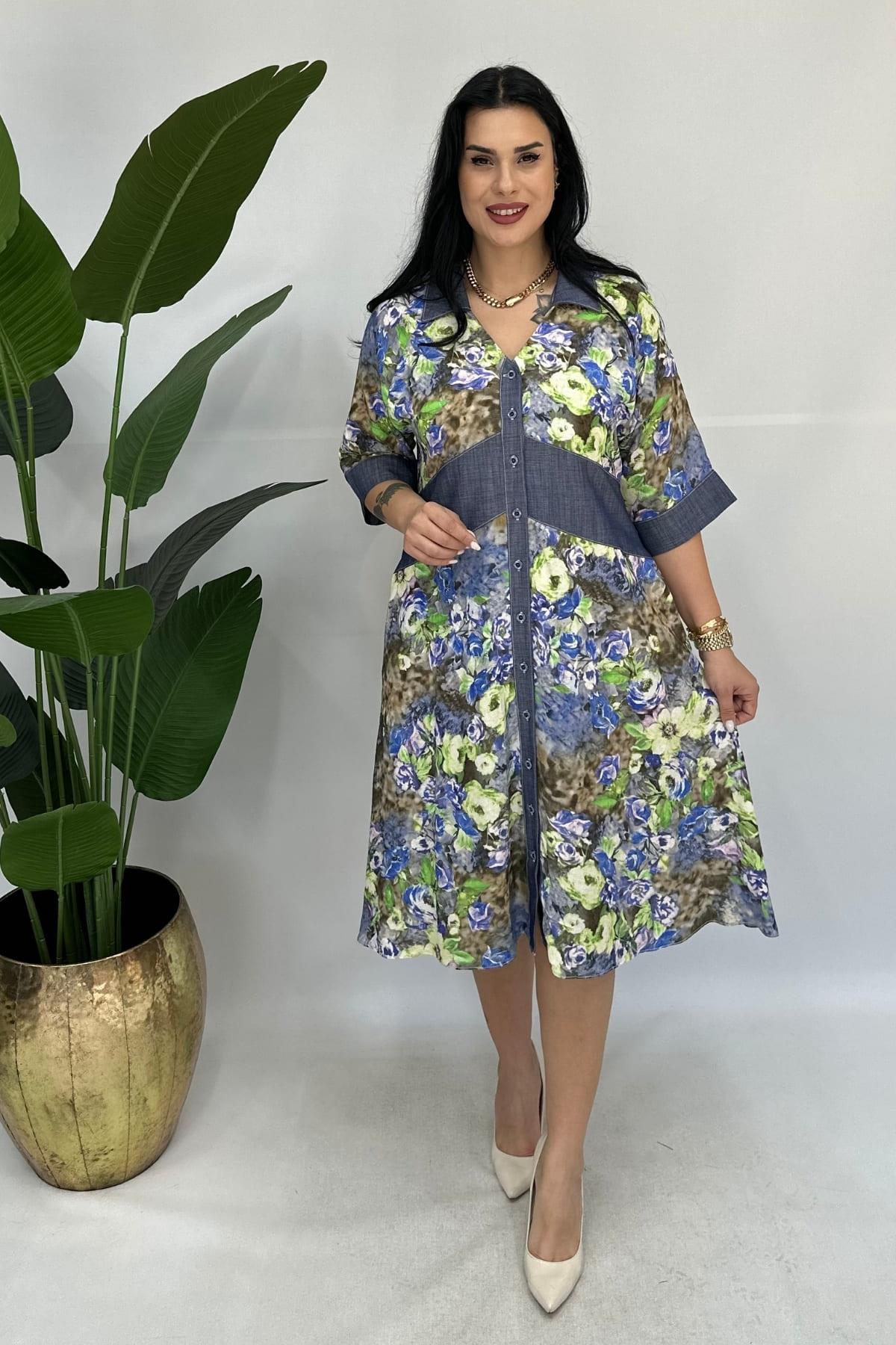 KOT DETAYLI DESENLİ ELBİSE BÜYÜK BEDEN