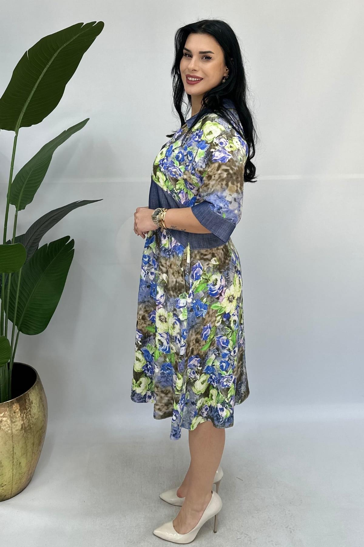 KOT DETAYLI DESENLİ ELBİSE BÜYÜK BEDEN