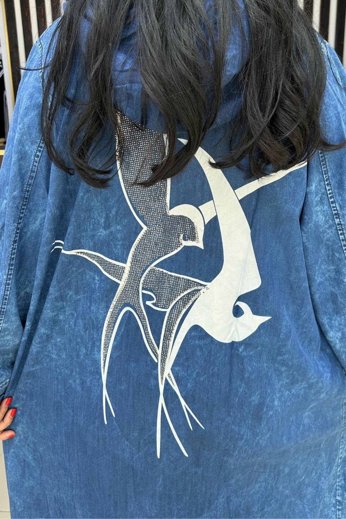 KUŞ BASKILI TAŞLI İNCE JEAN BÜYÜK BEDEN