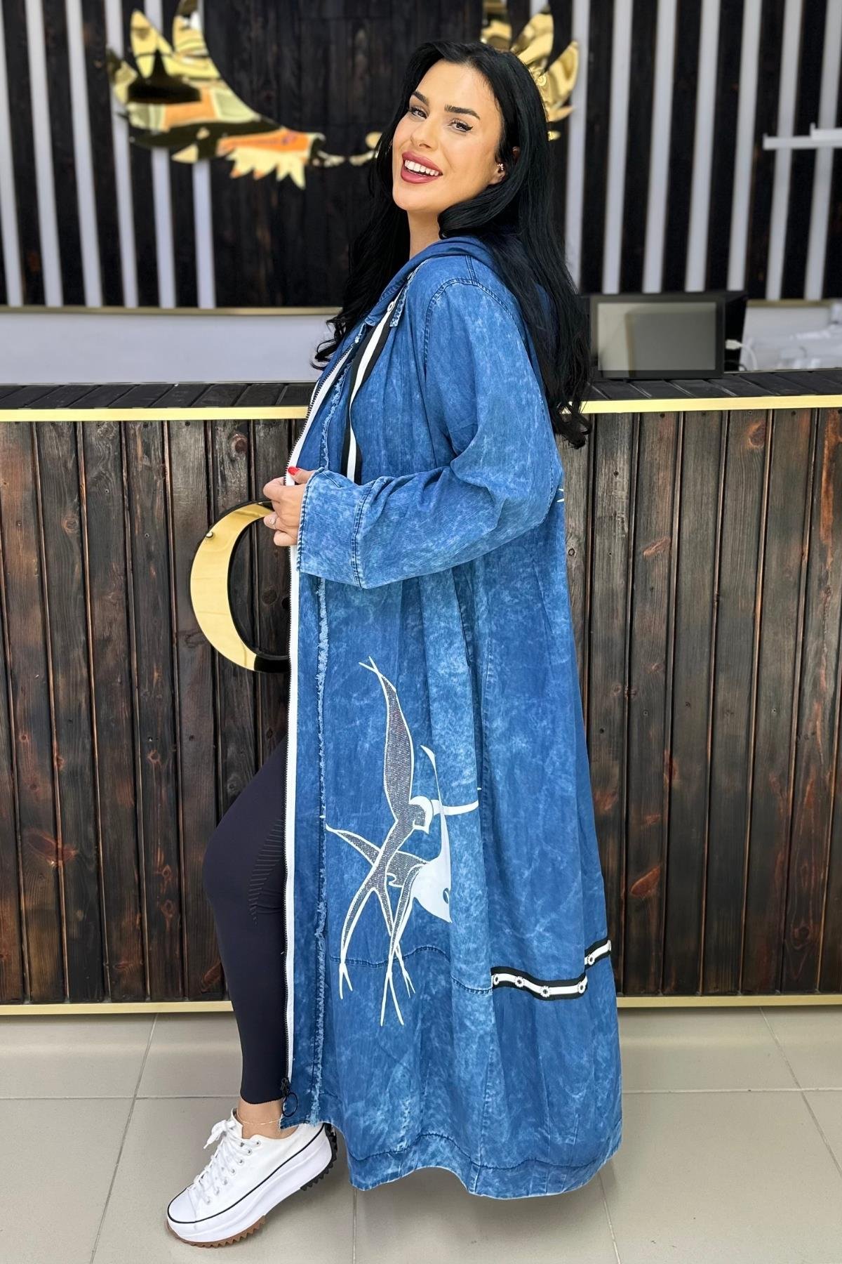 KUŞ BASKILI TAŞLI İNCE JEAN BÜYÜK BEDEN