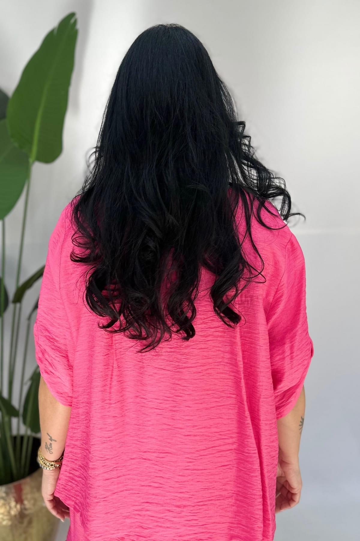 MOR CEP DETAYLI FUŞYA KETEN BLUZ