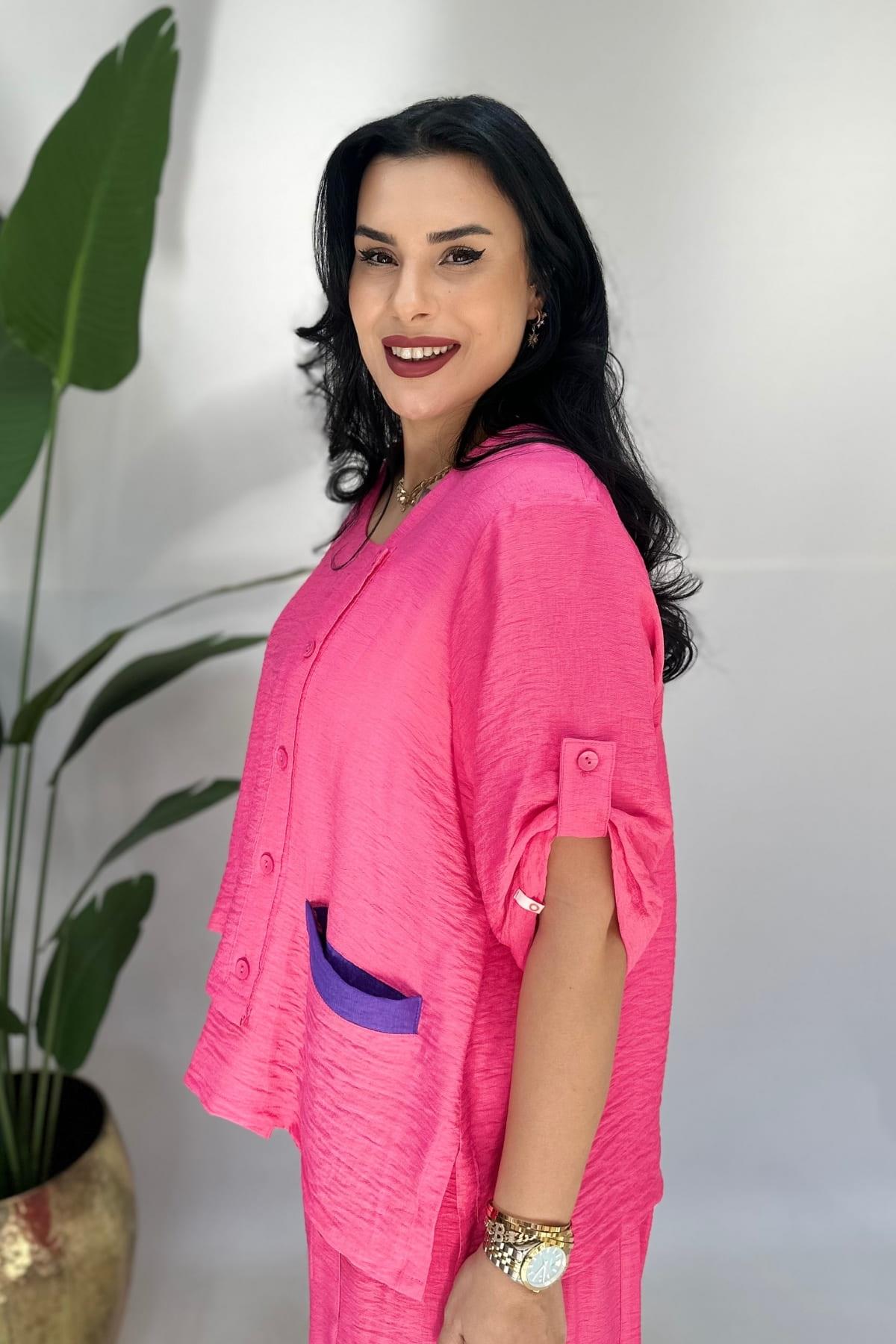 MOR CEP DETAYLI FUŞYA KETEN BLUZ