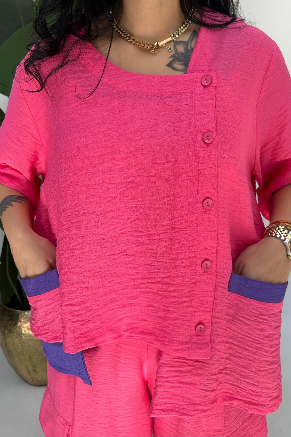 MOR CEP DETAYLI FUŞYA KETEN BLUZ