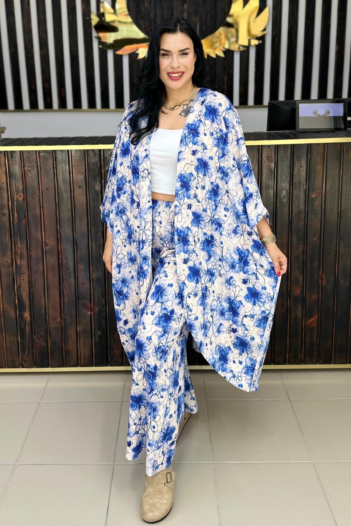 NAKIŞLI ÇİÇEK DESENLİ BÜYÜK BEDEN KİMONO