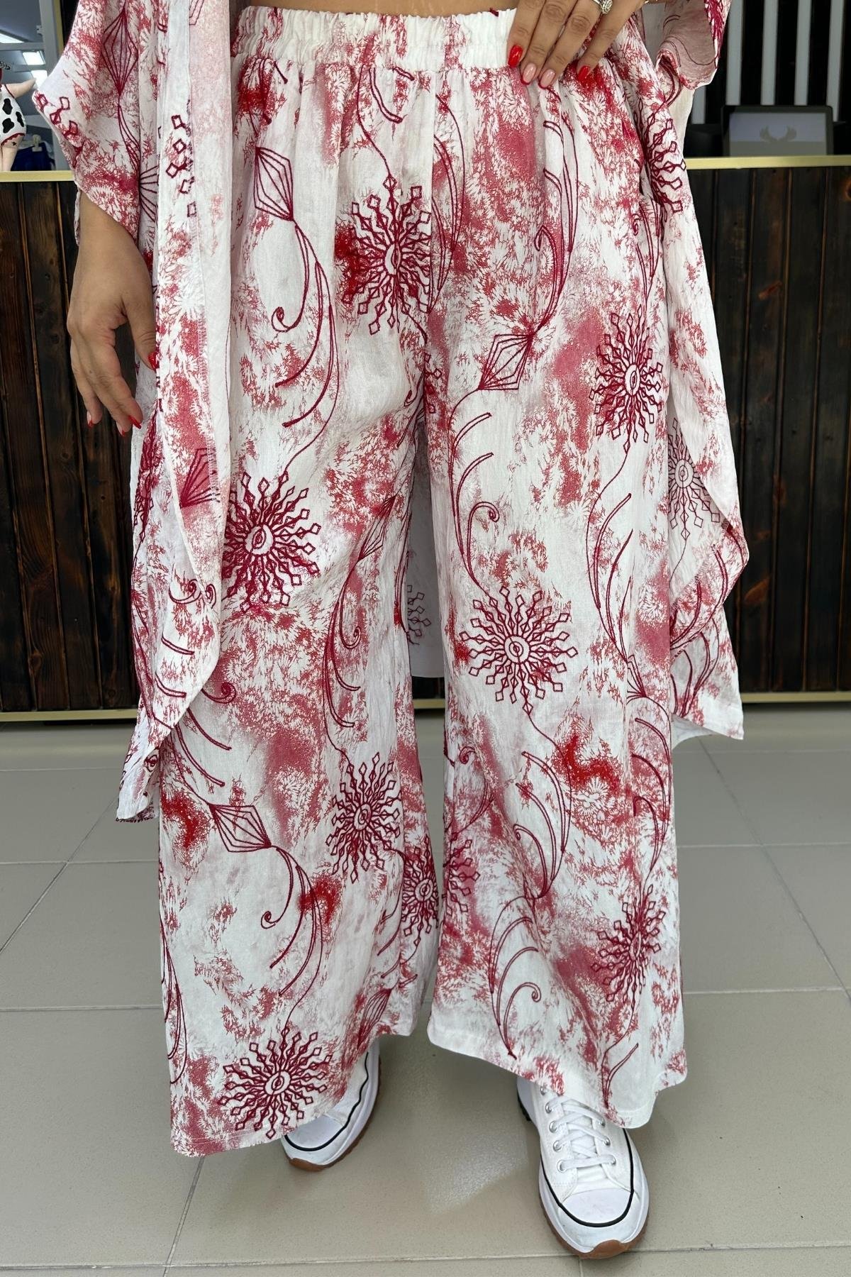 NAKIŞLI ÇİÇEK DESENLİ PANTALON KIRMIZI BÜYÜK BEDEN