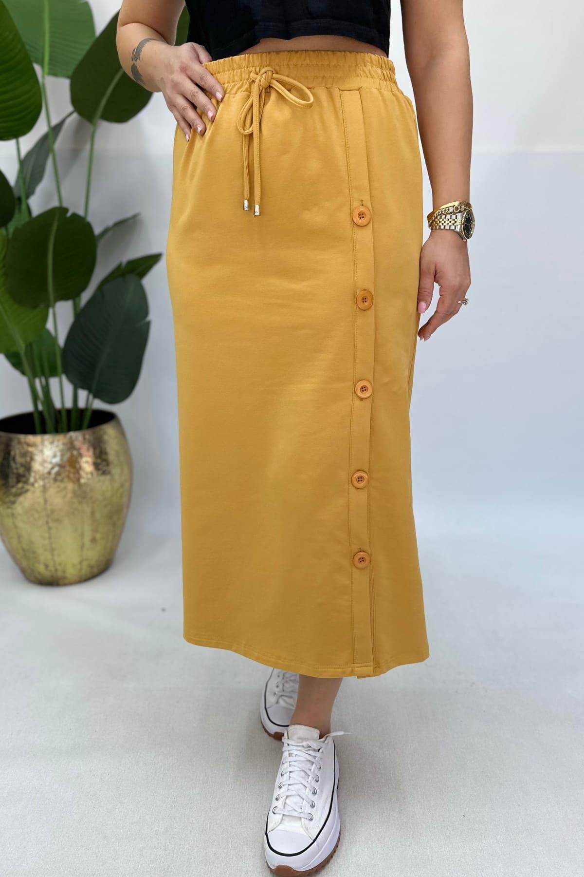 PAMUKLU DÜĞMELİ ETEK - HARDAL