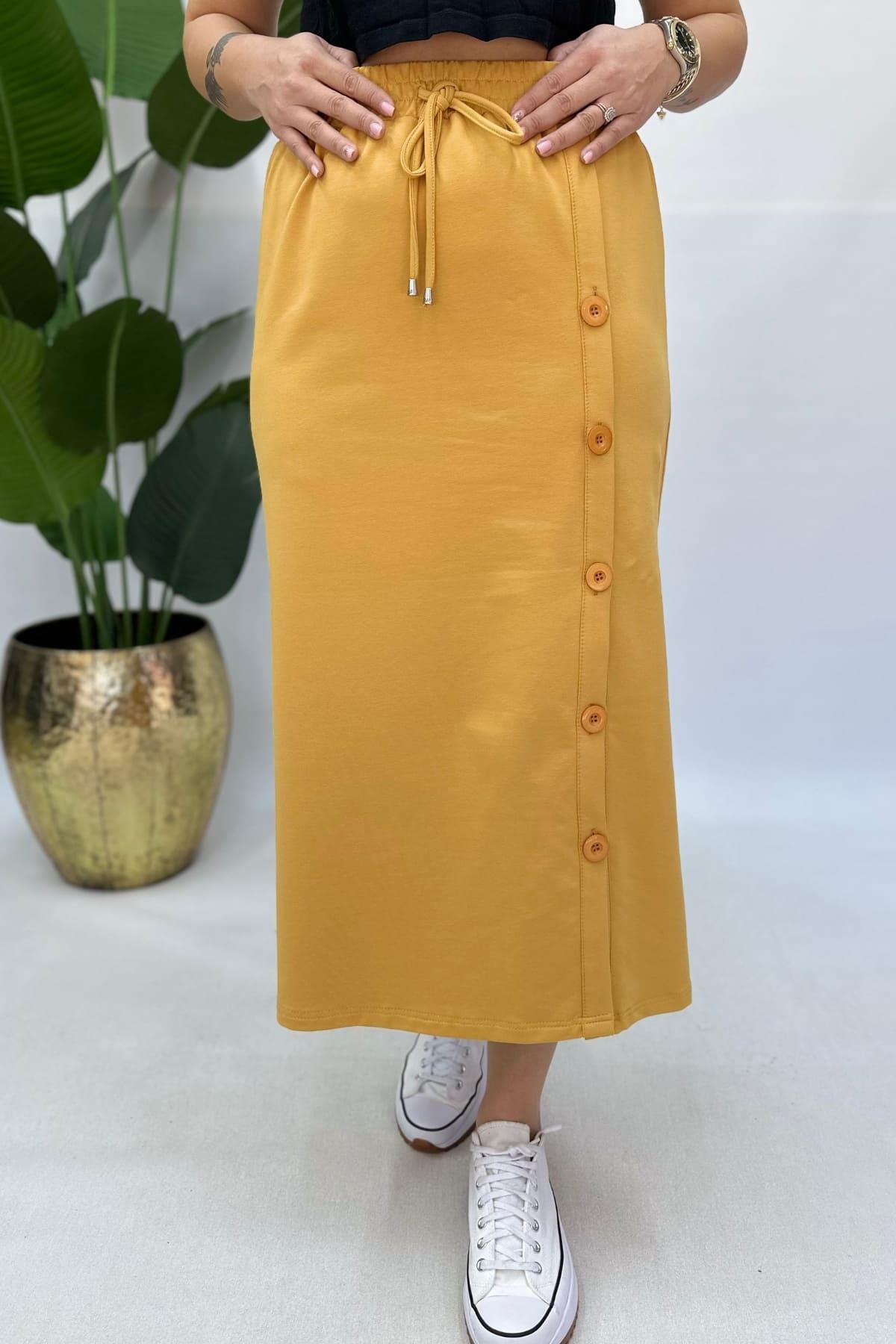 PAMUKLU DÜĞMELİ ETEK - HARDAL