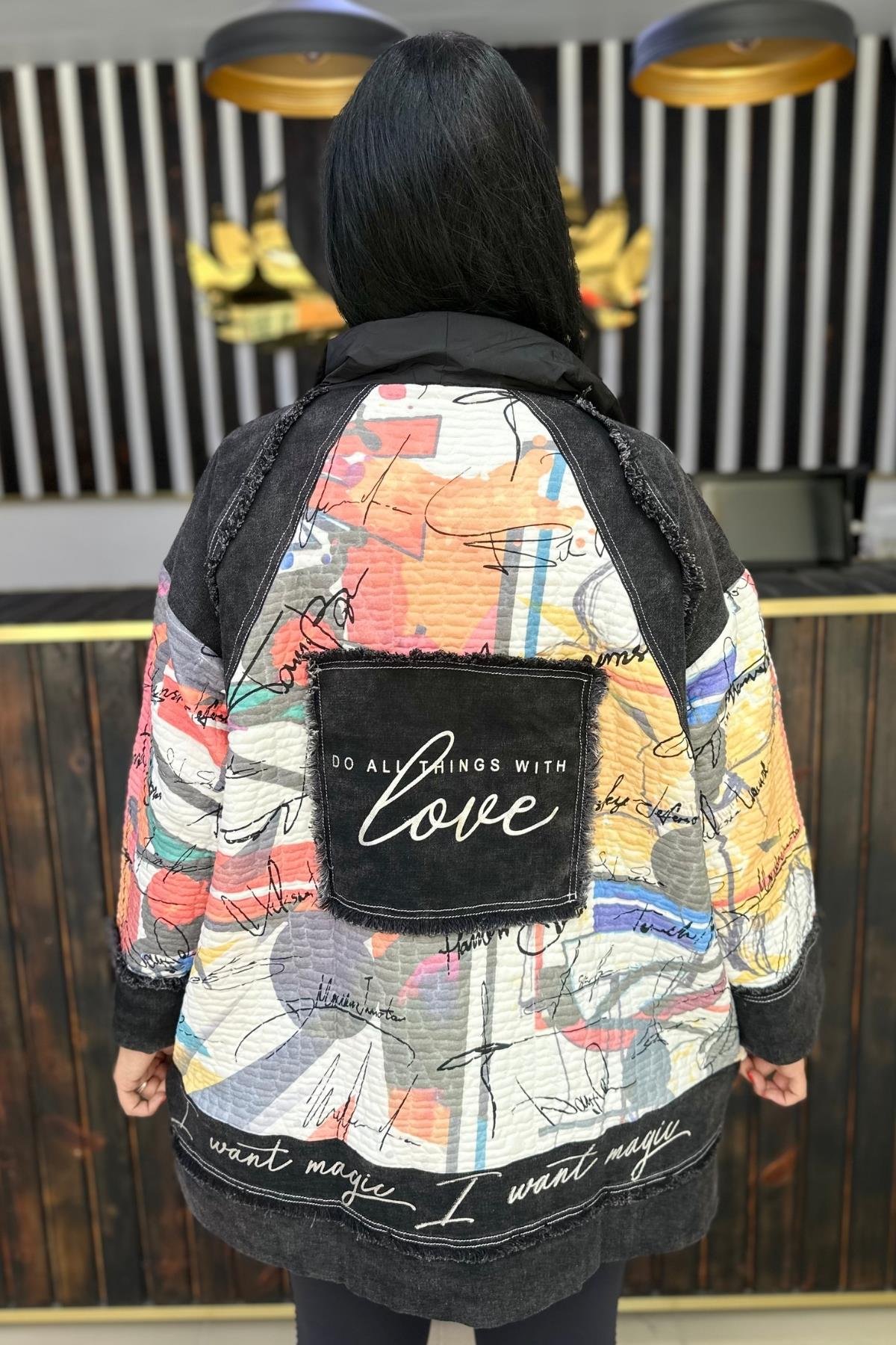 RENKLİ JEAN DETAYLI TASARIM CEKET BÜYÜK BEDEN