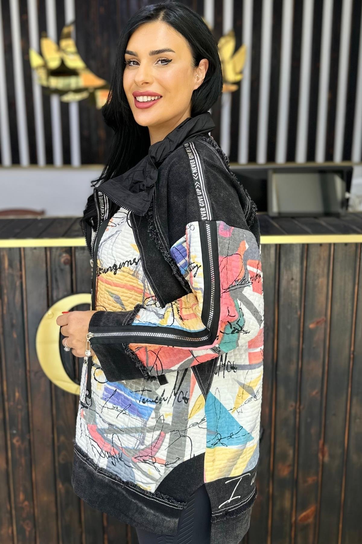 RENKLİ JEAN DETAYLI TASARIM CEKET BÜYÜK BEDEN