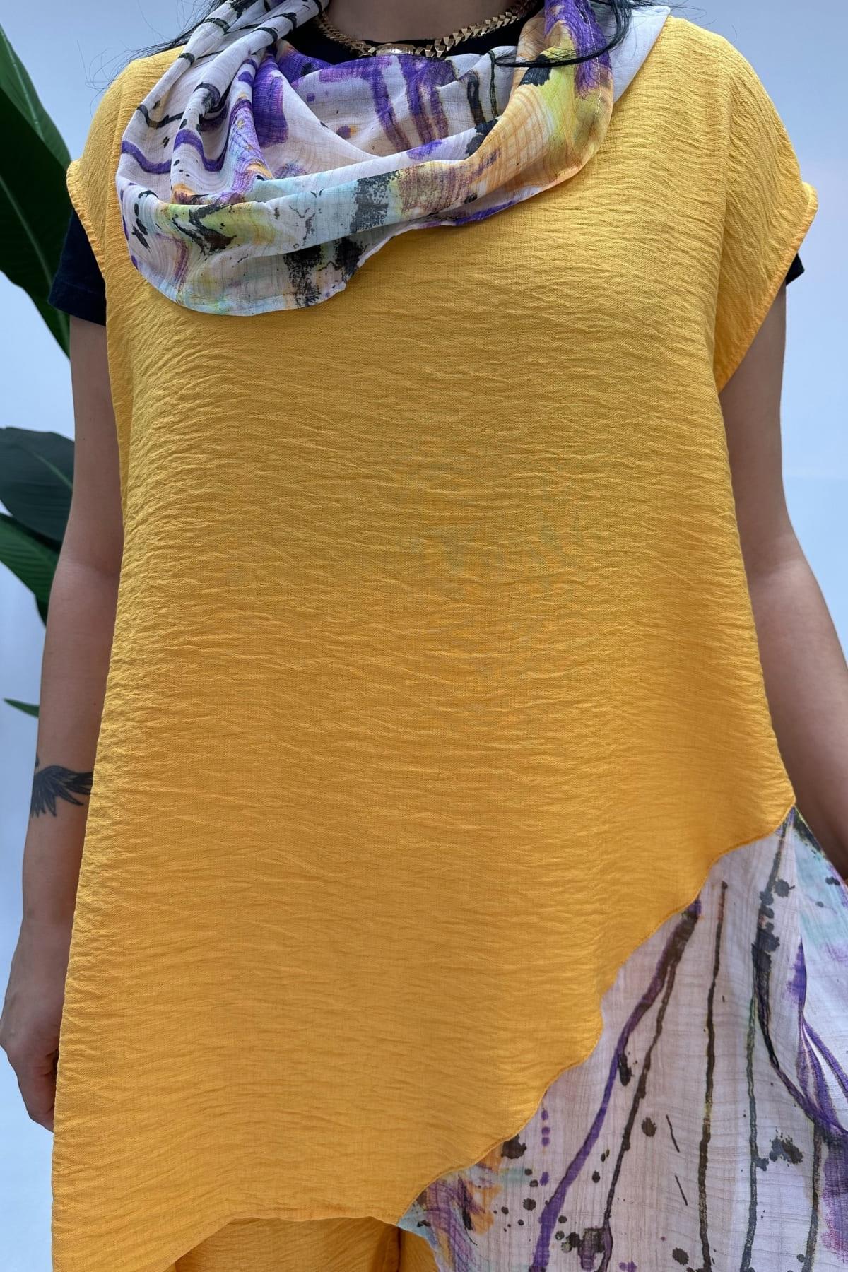 ŞİFONLU ASİMETRİK KETEN TUNİK BÜYÜK BEDEN TURUNCU