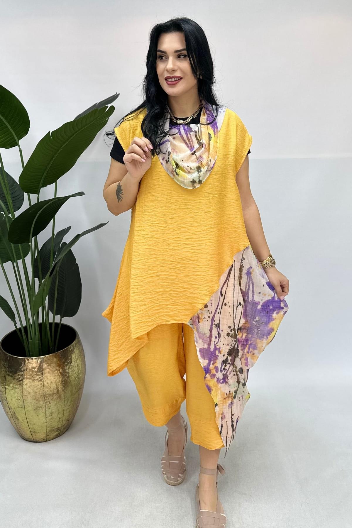 ŞİFONLU ASİMETRİK KETEN TUNİK BÜYÜK BEDEN TURUNCU