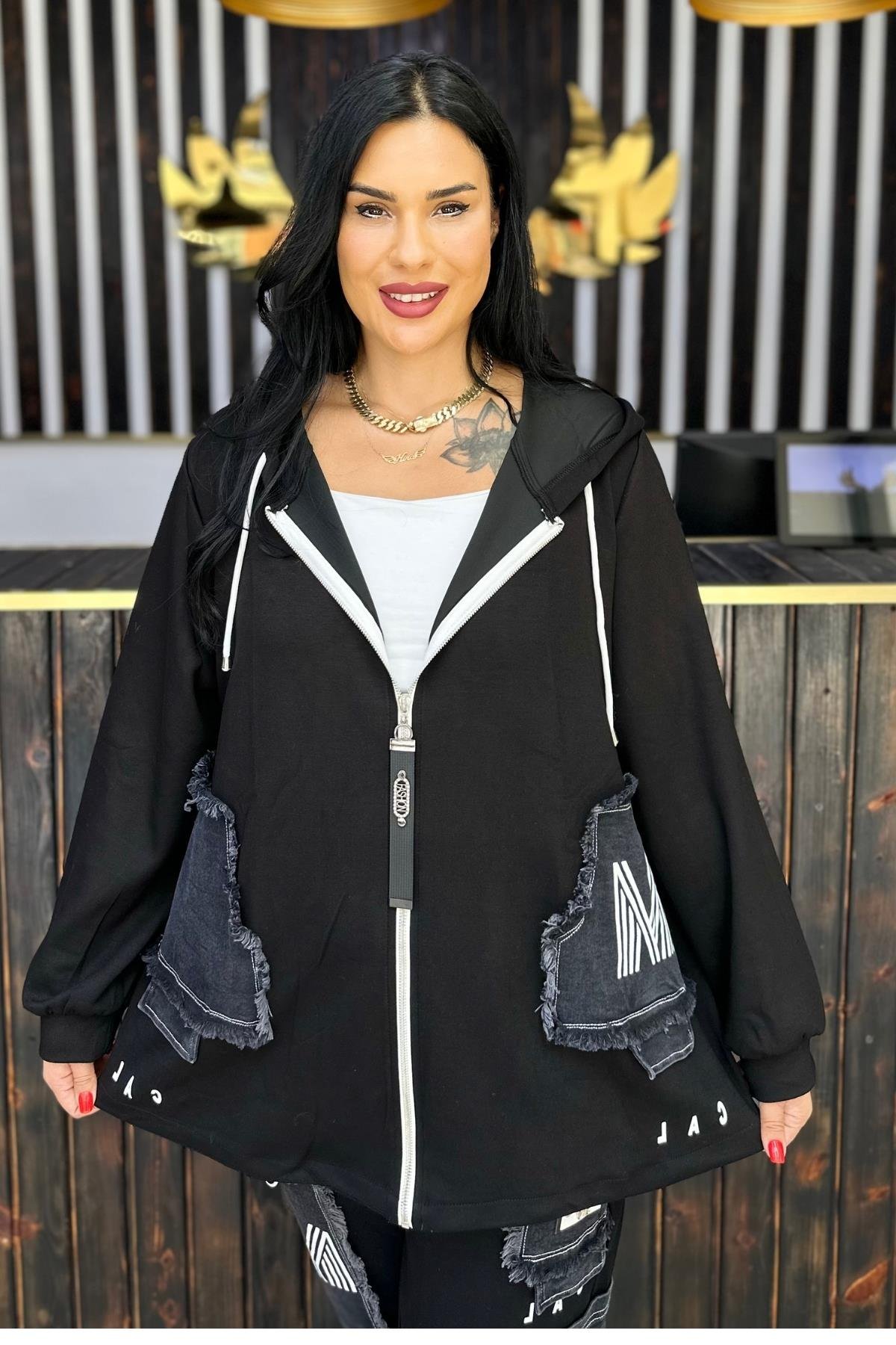 TASARIM PAMUKLU CEKET JEAN CEP DETAYLI BÜYÜK BEDEN