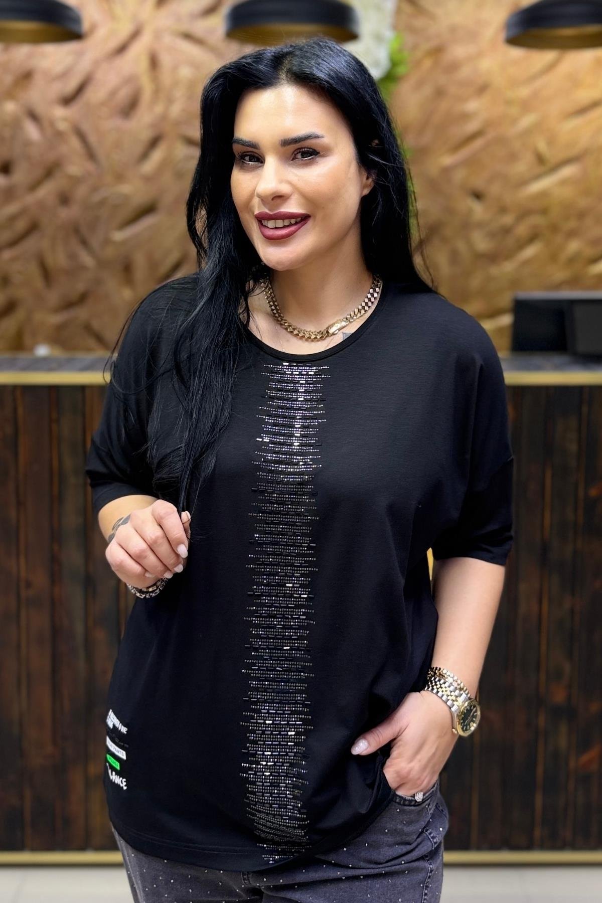 TAŞLI PAMUKLU BÜYÜK BEDEN BLUZ