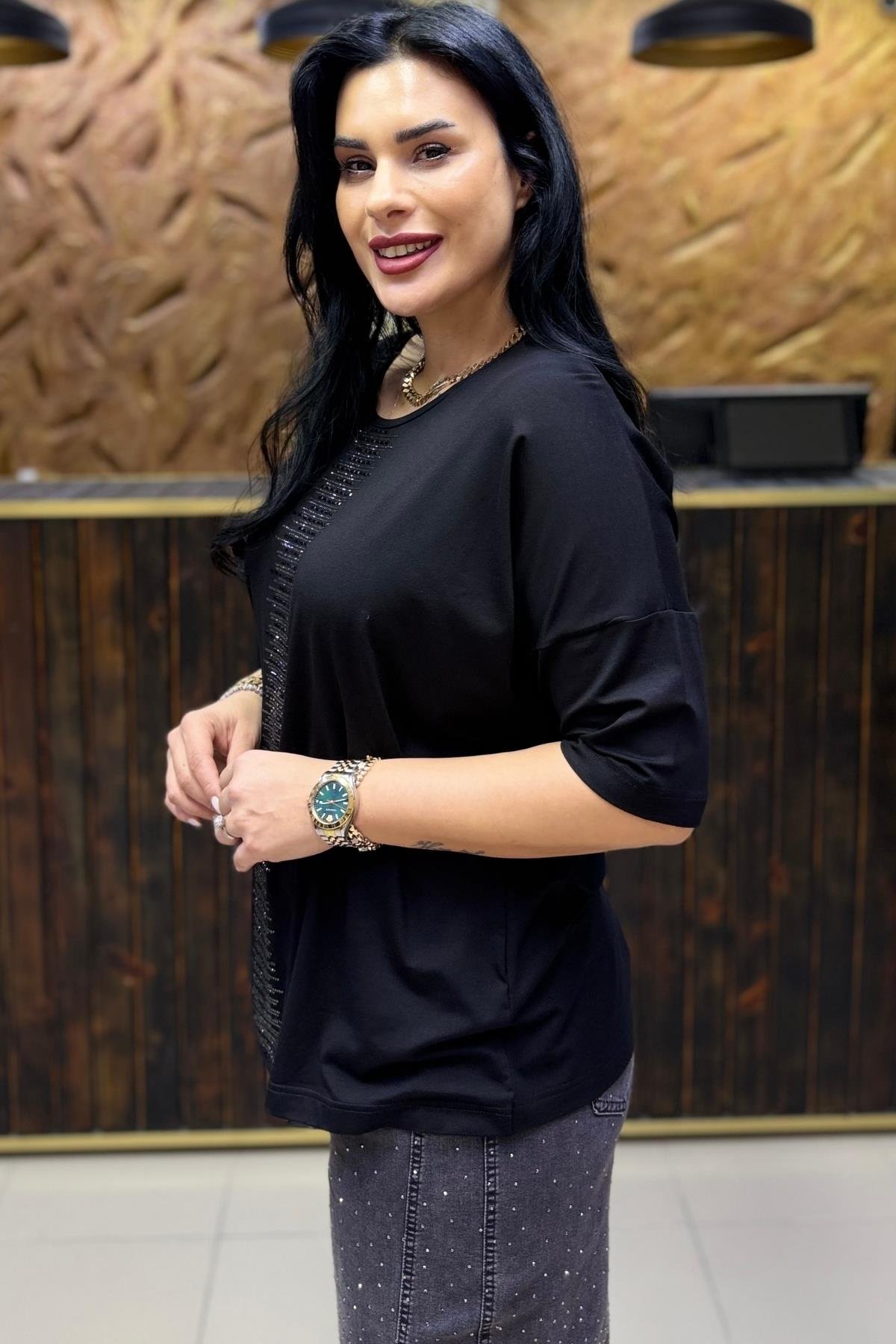 TAŞLI PAMUKLU BÜYÜK BEDEN BLUZ