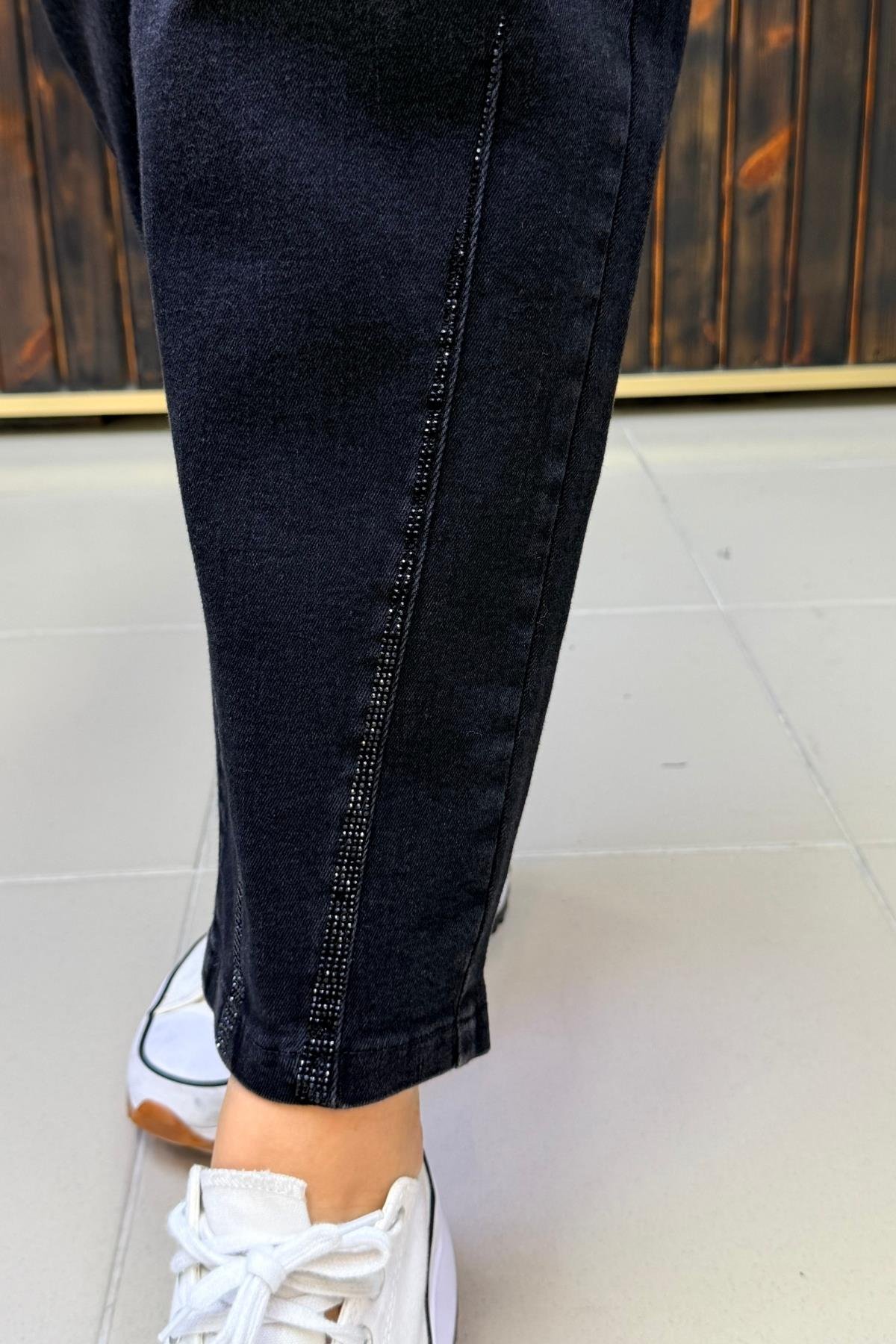 TOPARLAYICI PAÇASI TAŞLI LİKRALI JEAN PANTOLON BÜYÜK BEDEN