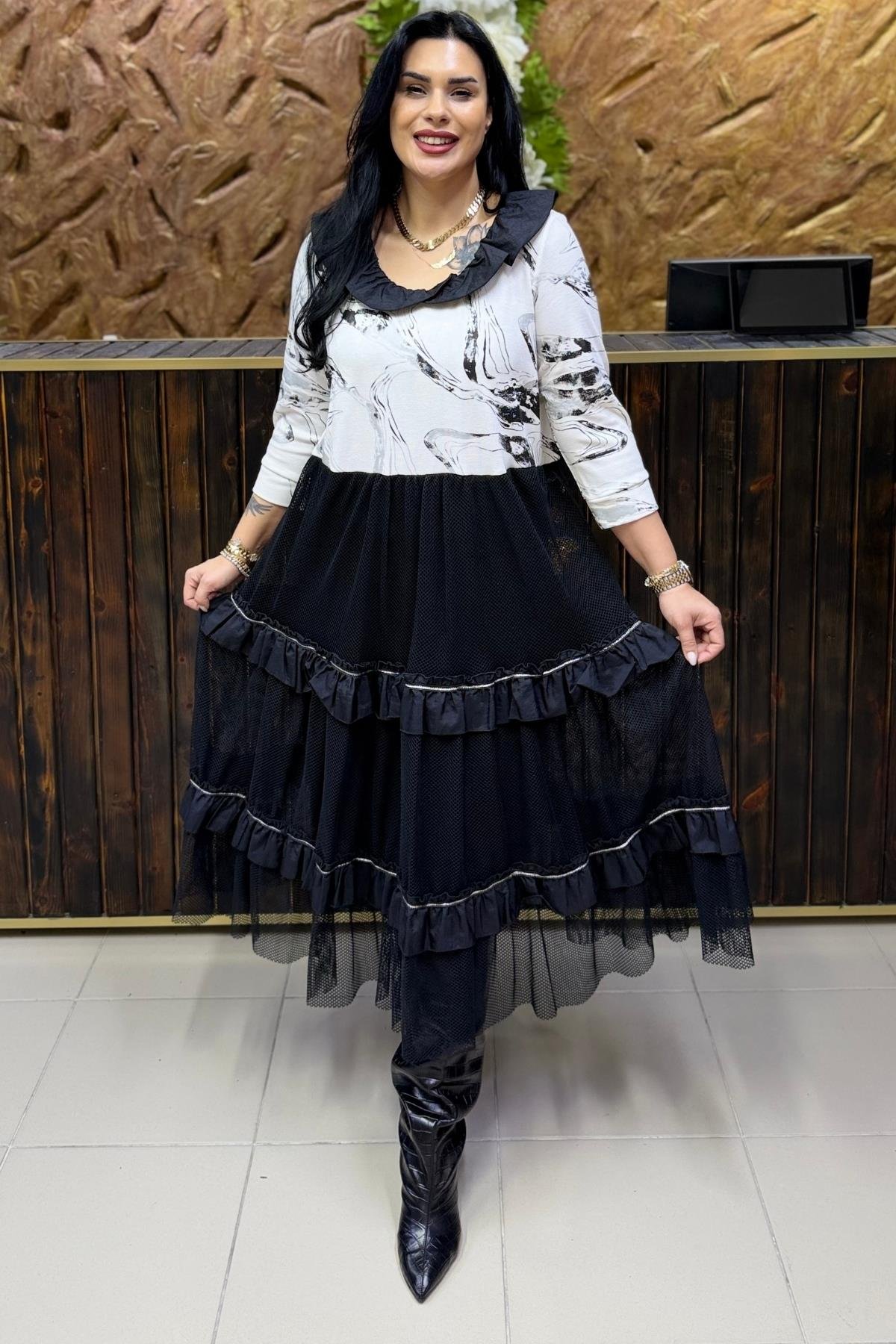 TRİKOLU MAXİ BÜYÜK BEDEN ELBİSE