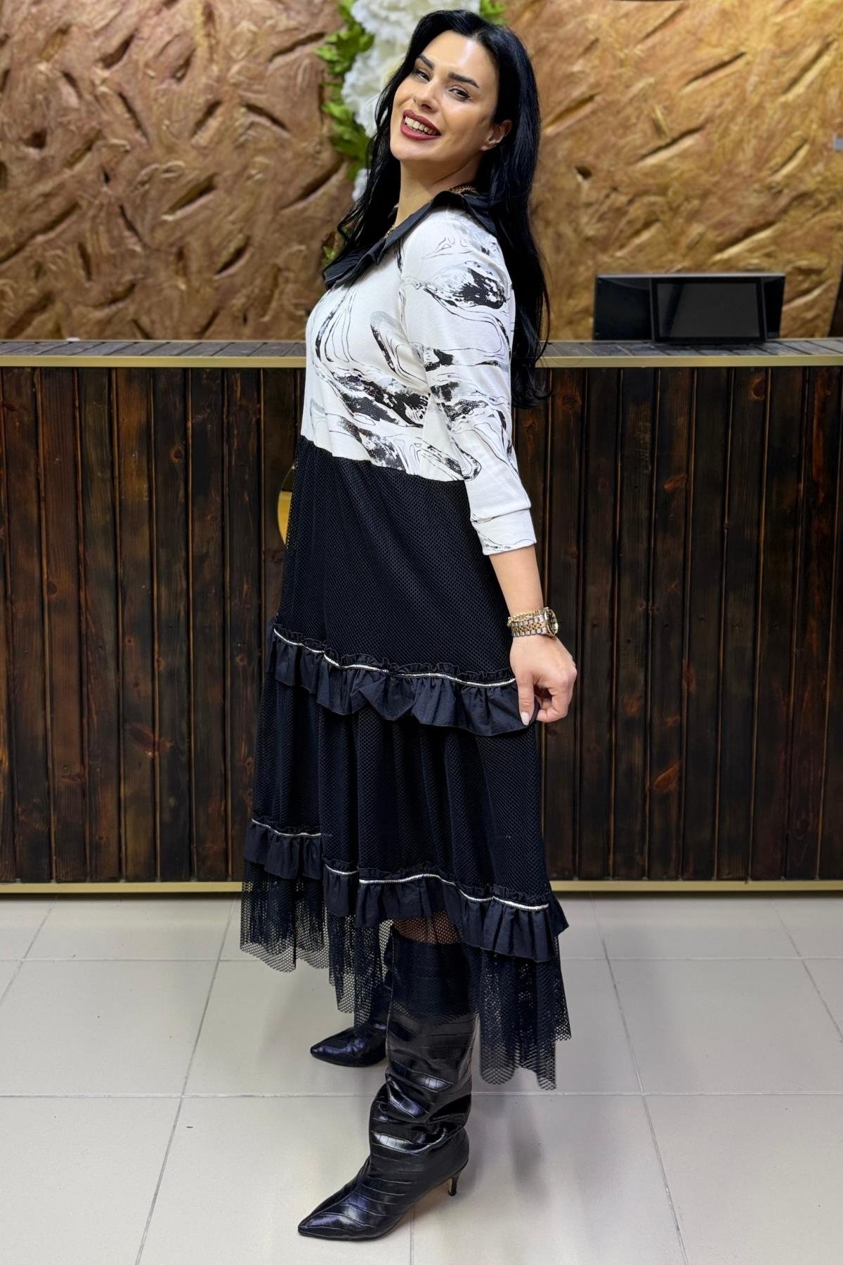 TRİKOLU MAXİ BÜYÜK BEDEN ELBİSE