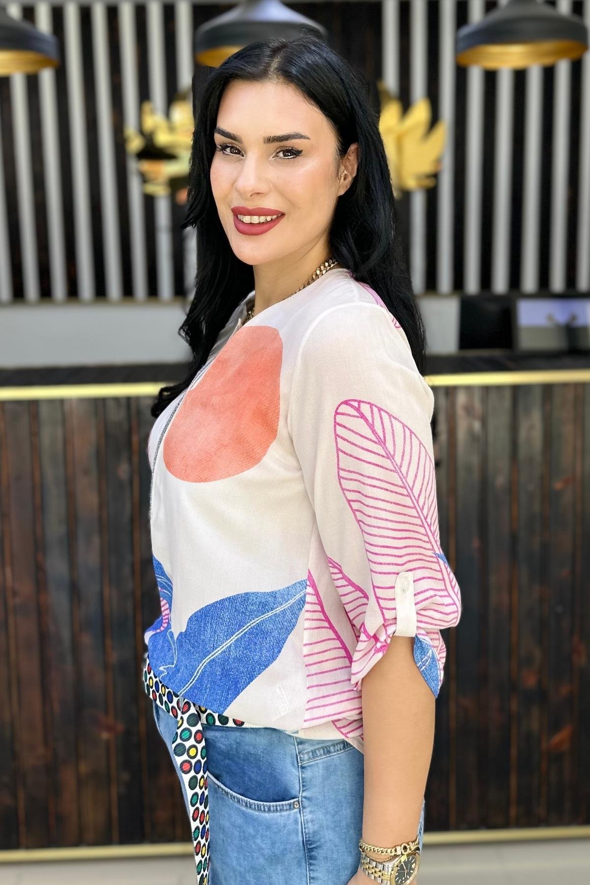 YAPRAK DESENLİ BLUZ BÜYÜK BEDEN