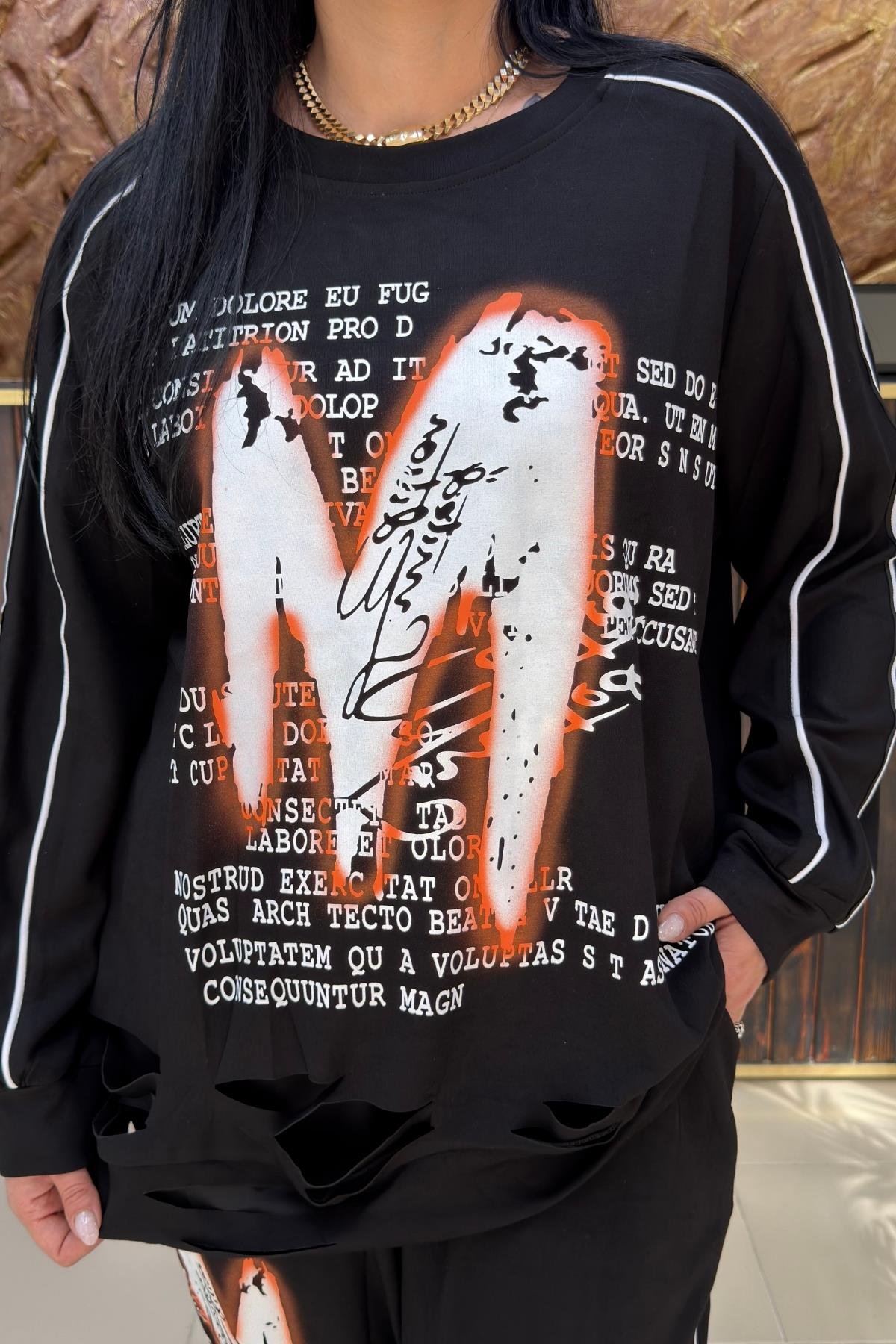 YAZI DETAYLI PAMUK BAMBU BÜYÜK BEDEN TAKIM