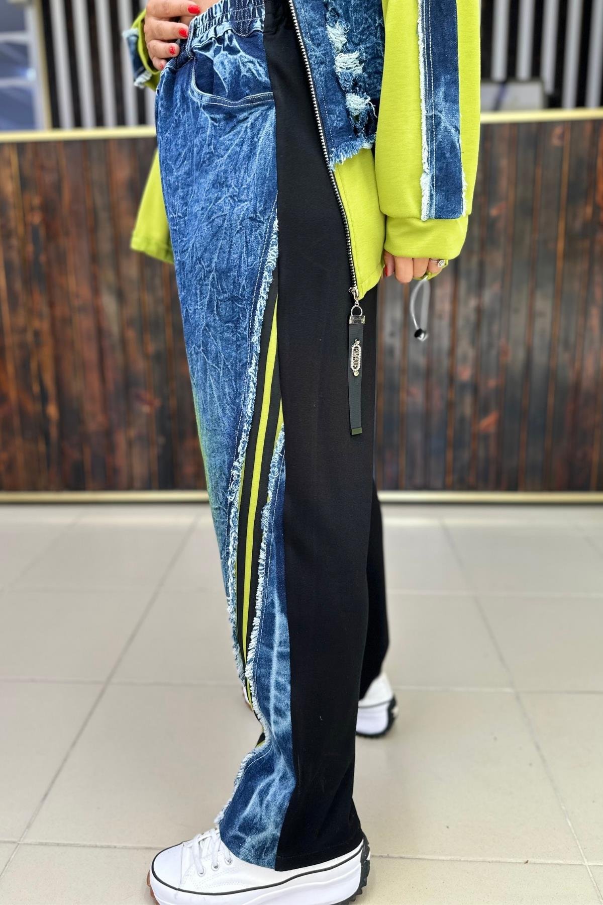 YAZI DETAYLI TAŞLANMIŞ JEAN PANTALON BÜYÜK BEDEN YEŞİL