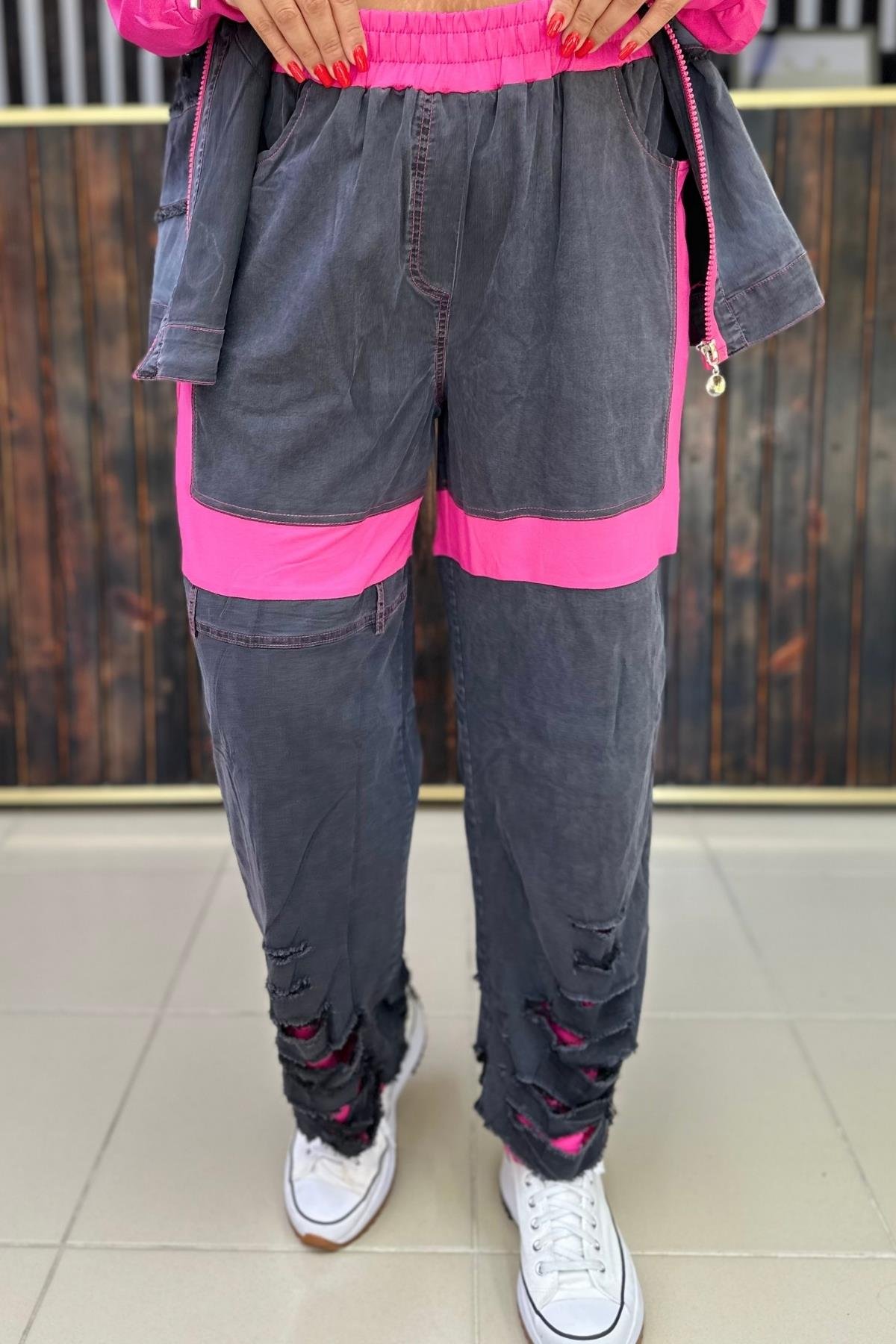 YIRTIK İNCE JEAN PAMUKLU PANTOLON FUŞYA