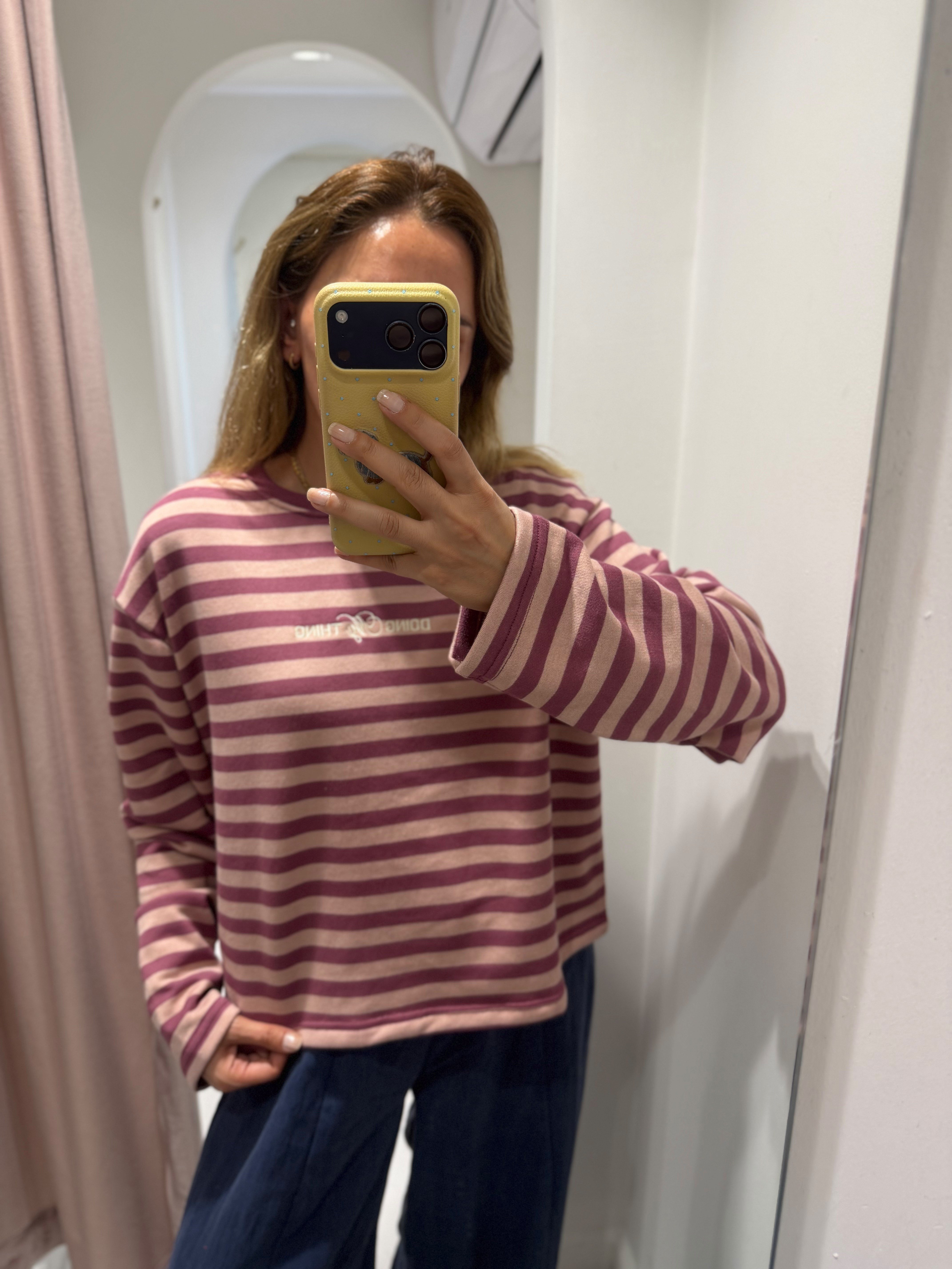  Lila-Pudra  Çizgili Bisiklet Yaka Sweatshırt