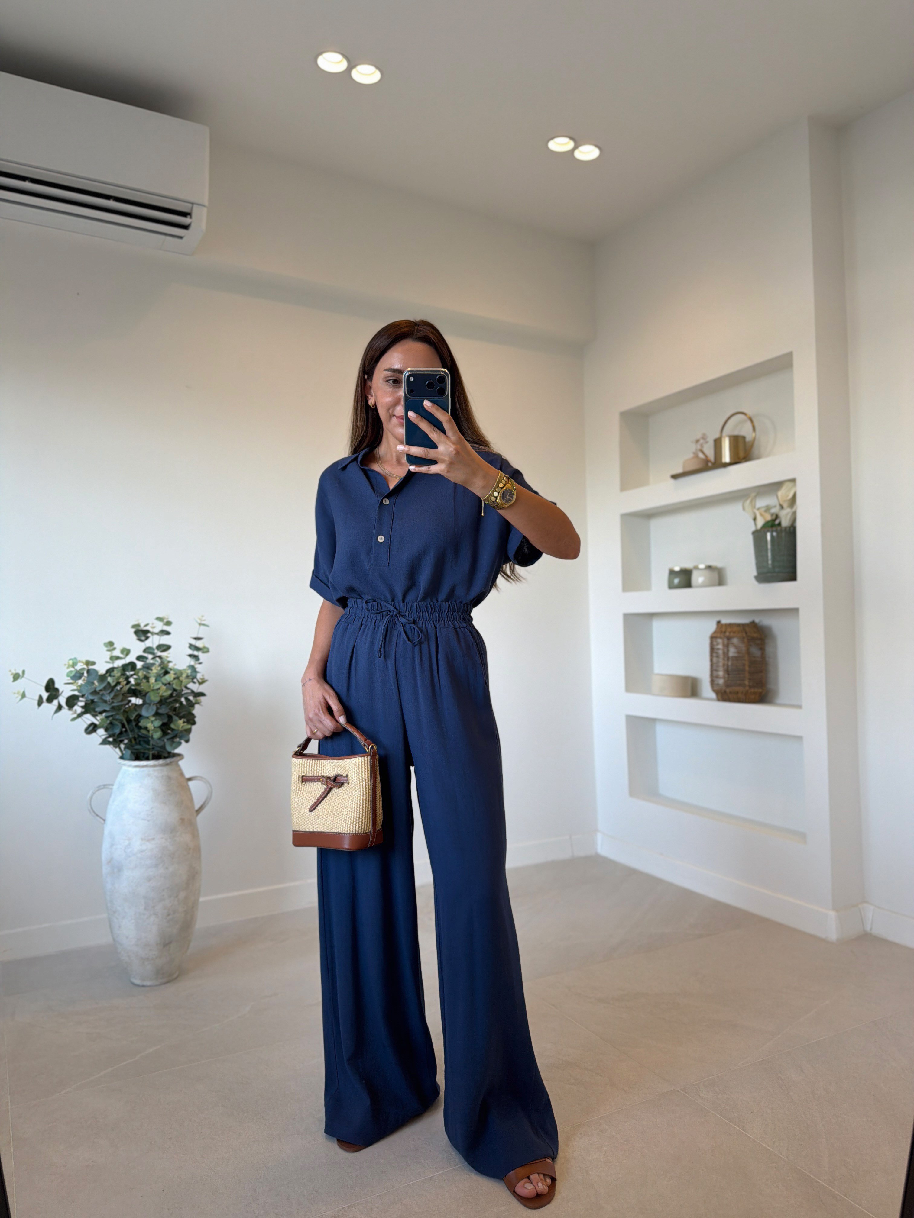 00547 Lacivert Keten Bluz Pantolon Takım