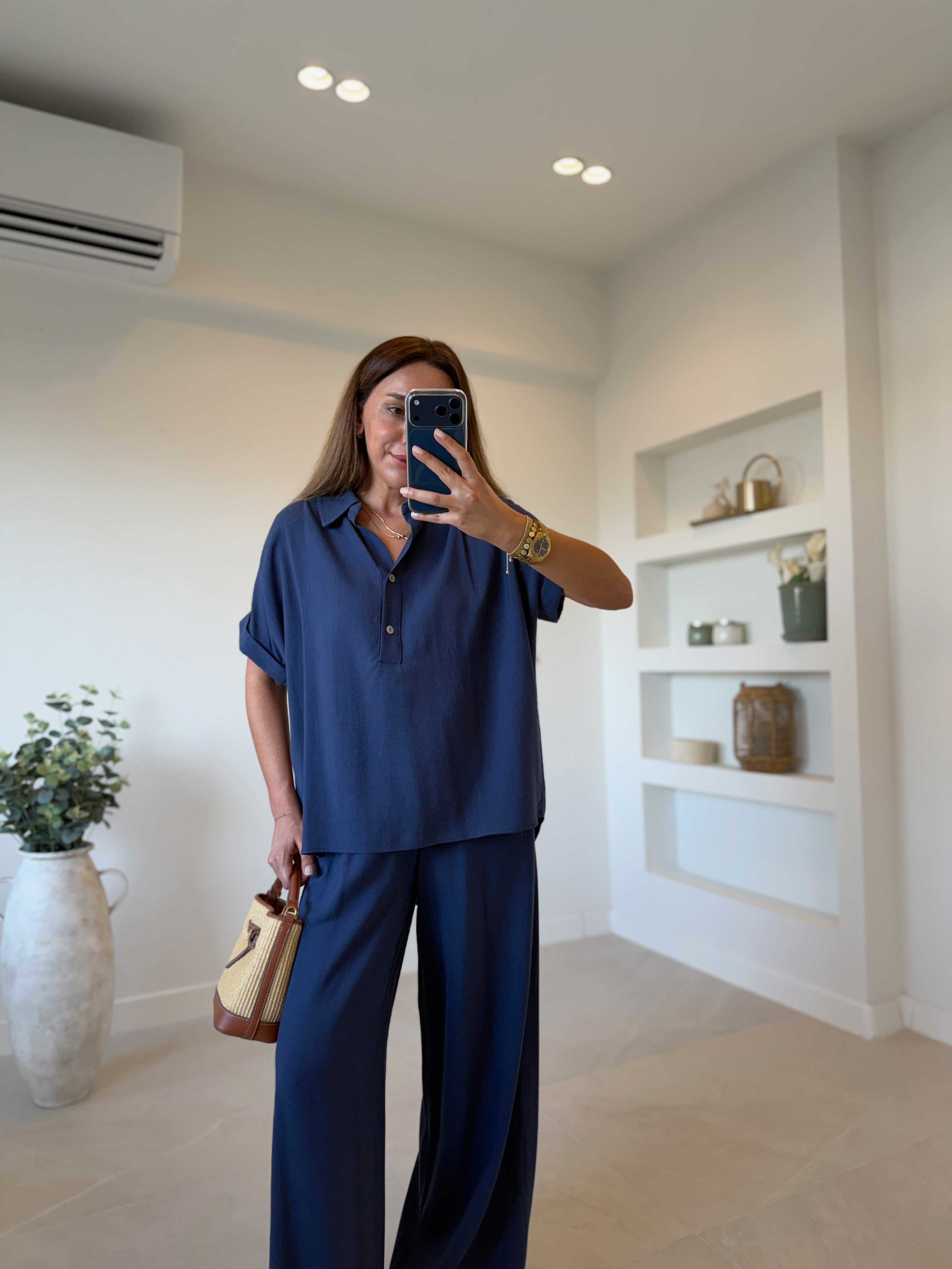 00547 Lacivert Keten Bluz Pantolon Takım