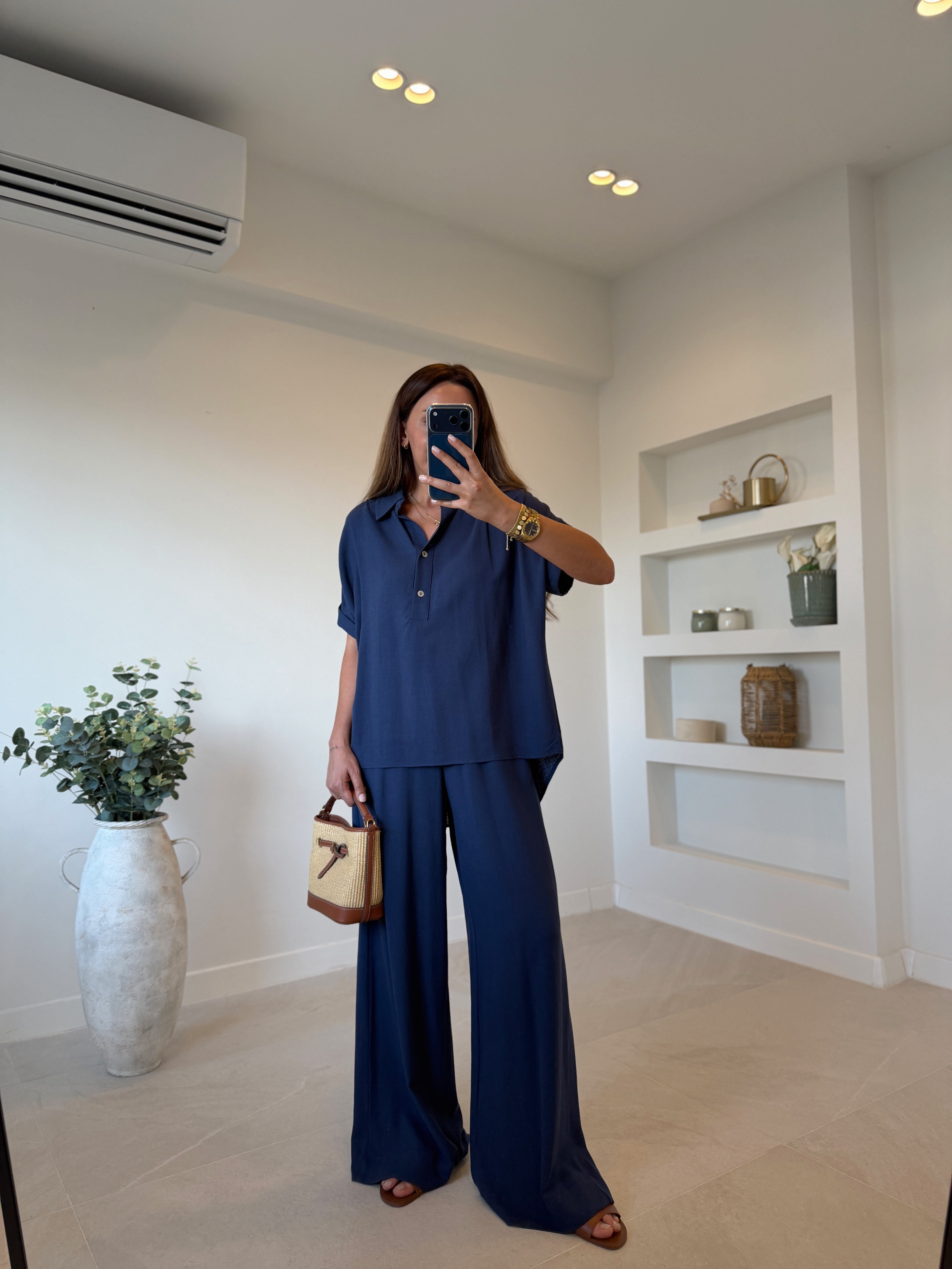 00547 Lacivert Keten Bluz Pantolon Takım