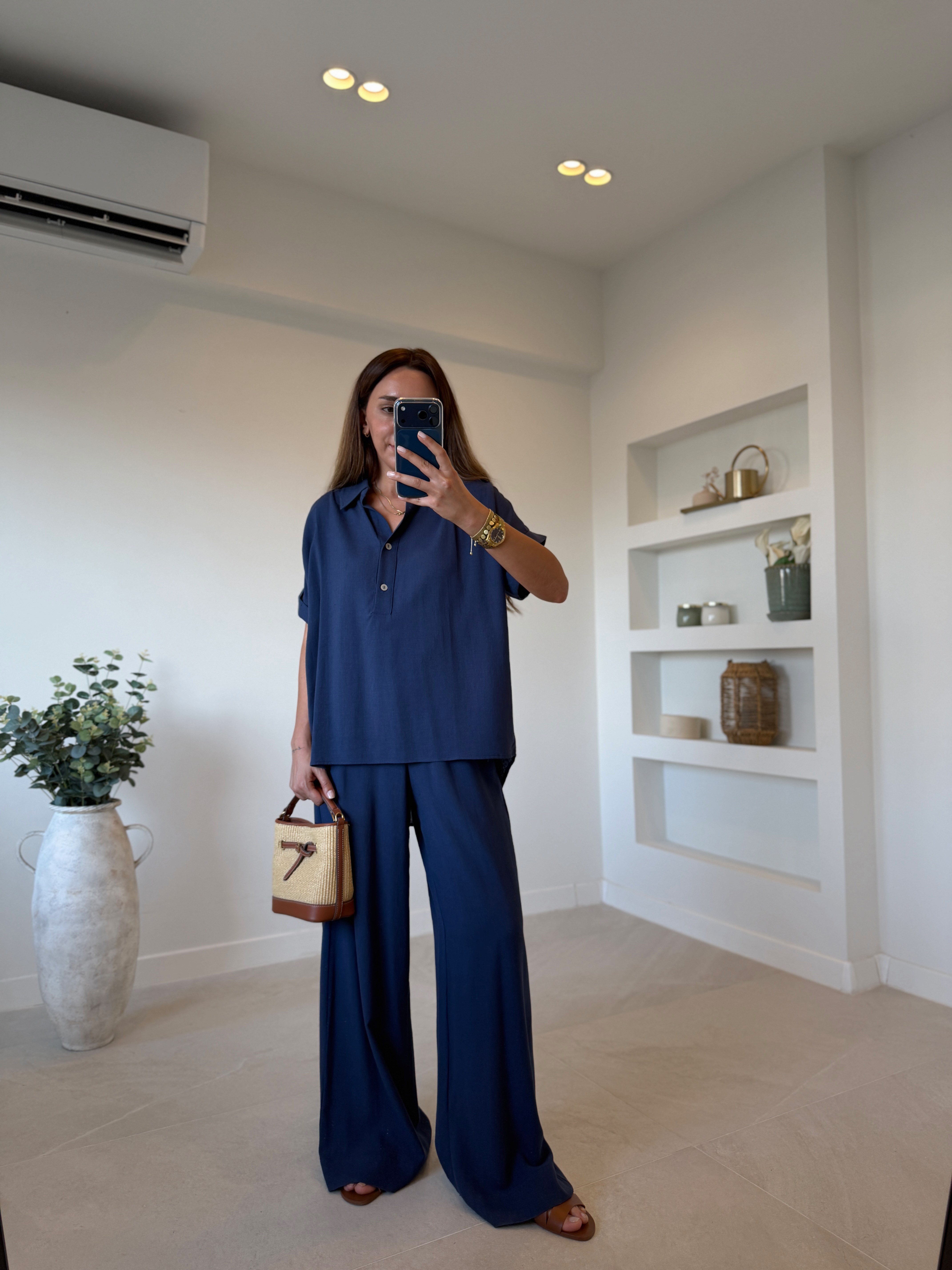 00547 Lacivert Keten Bluz Pantolon Takım