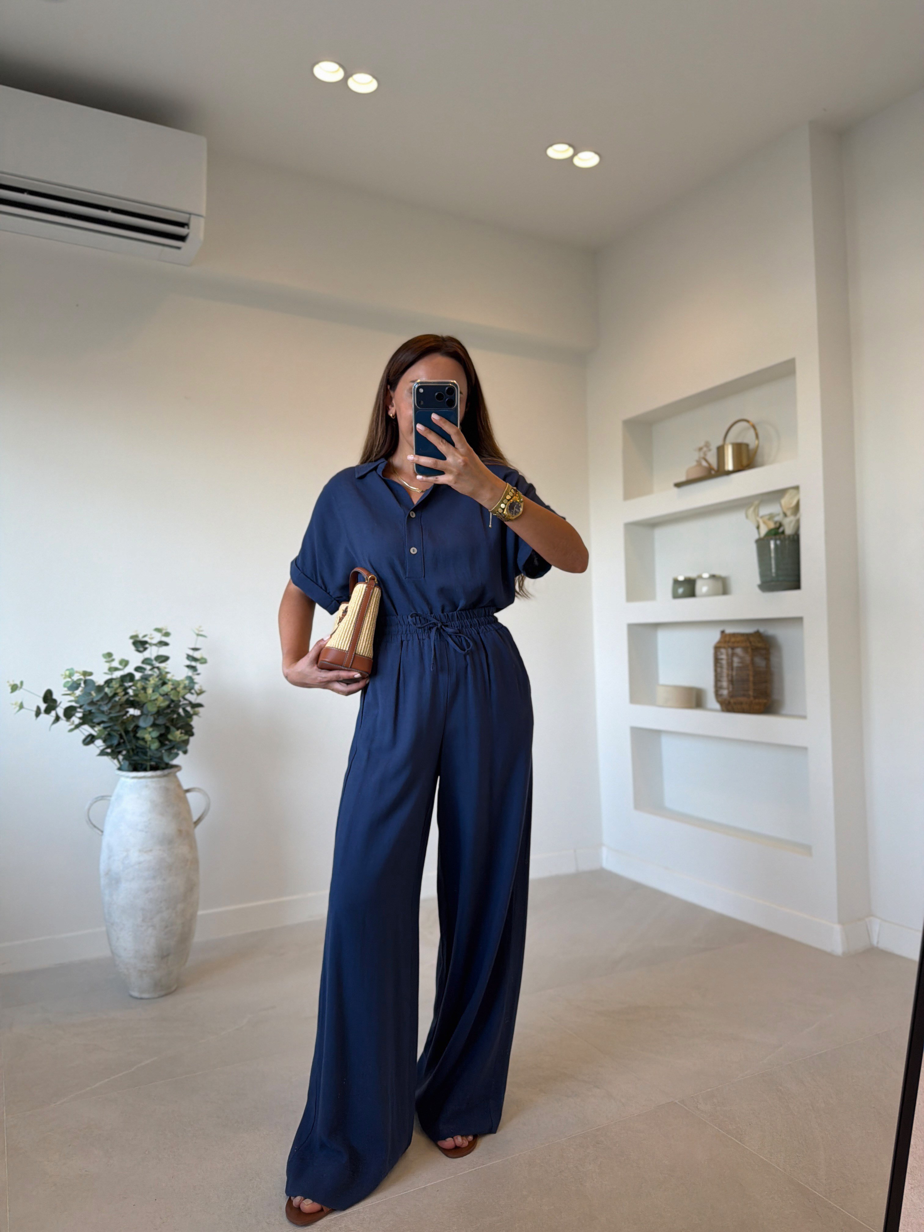 00547 Lacivert Keten Bluz Pantolon Takım