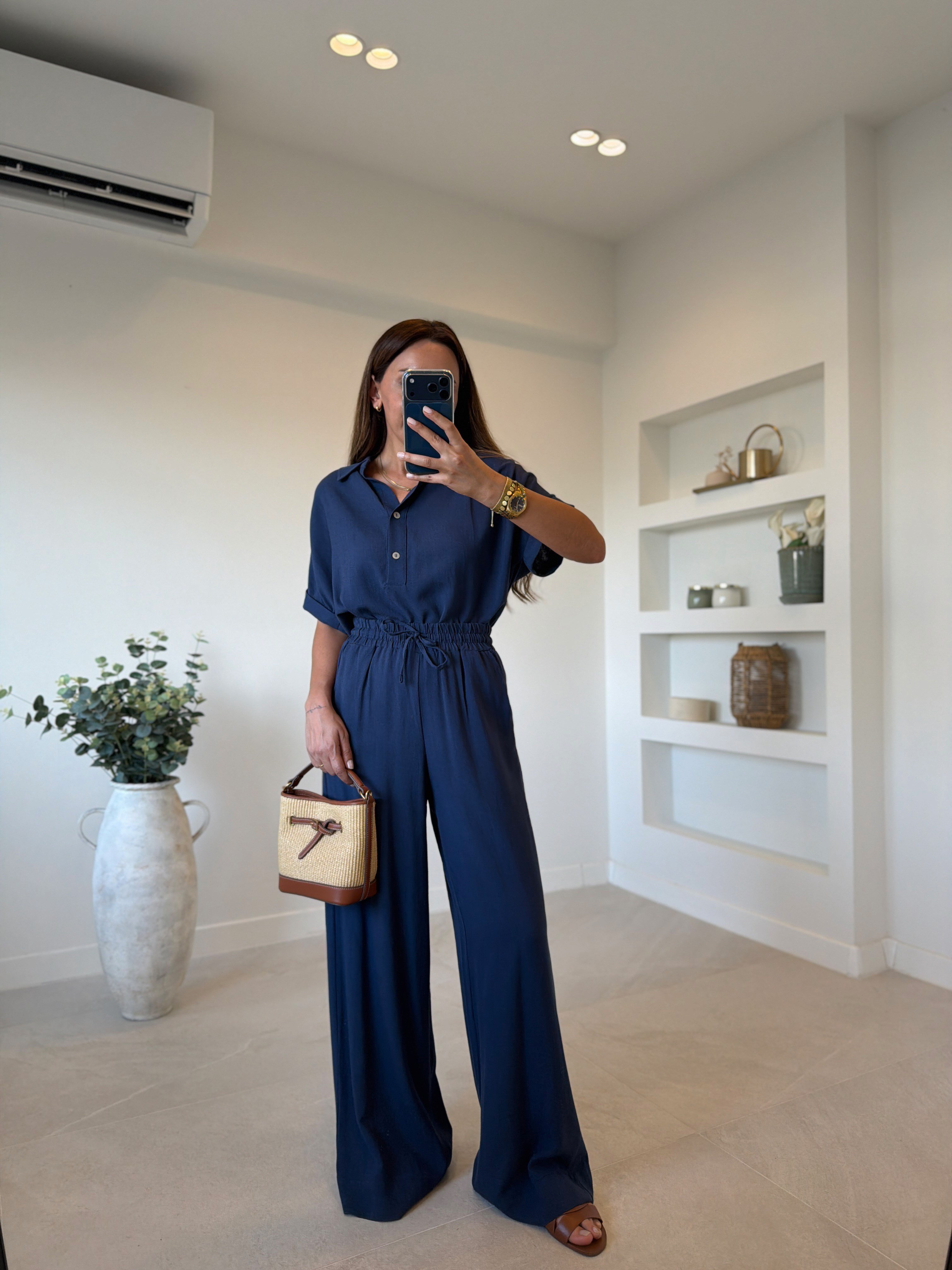 00547 Lacivert Keten Bluz Pantolon Takım