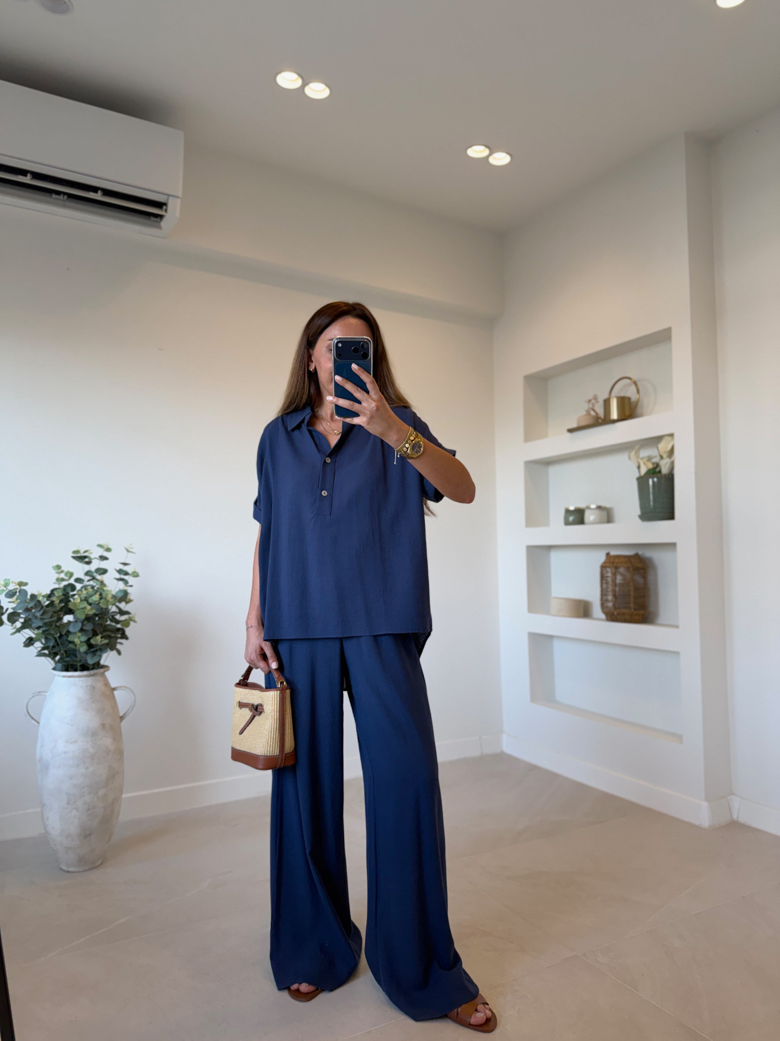 00547 Lacivert Keten Bluz Pantolon Takım